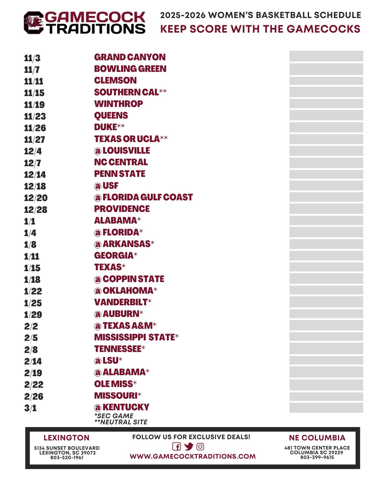 Printable 2025-2026 South Carolina Women’s Basketball Schedule