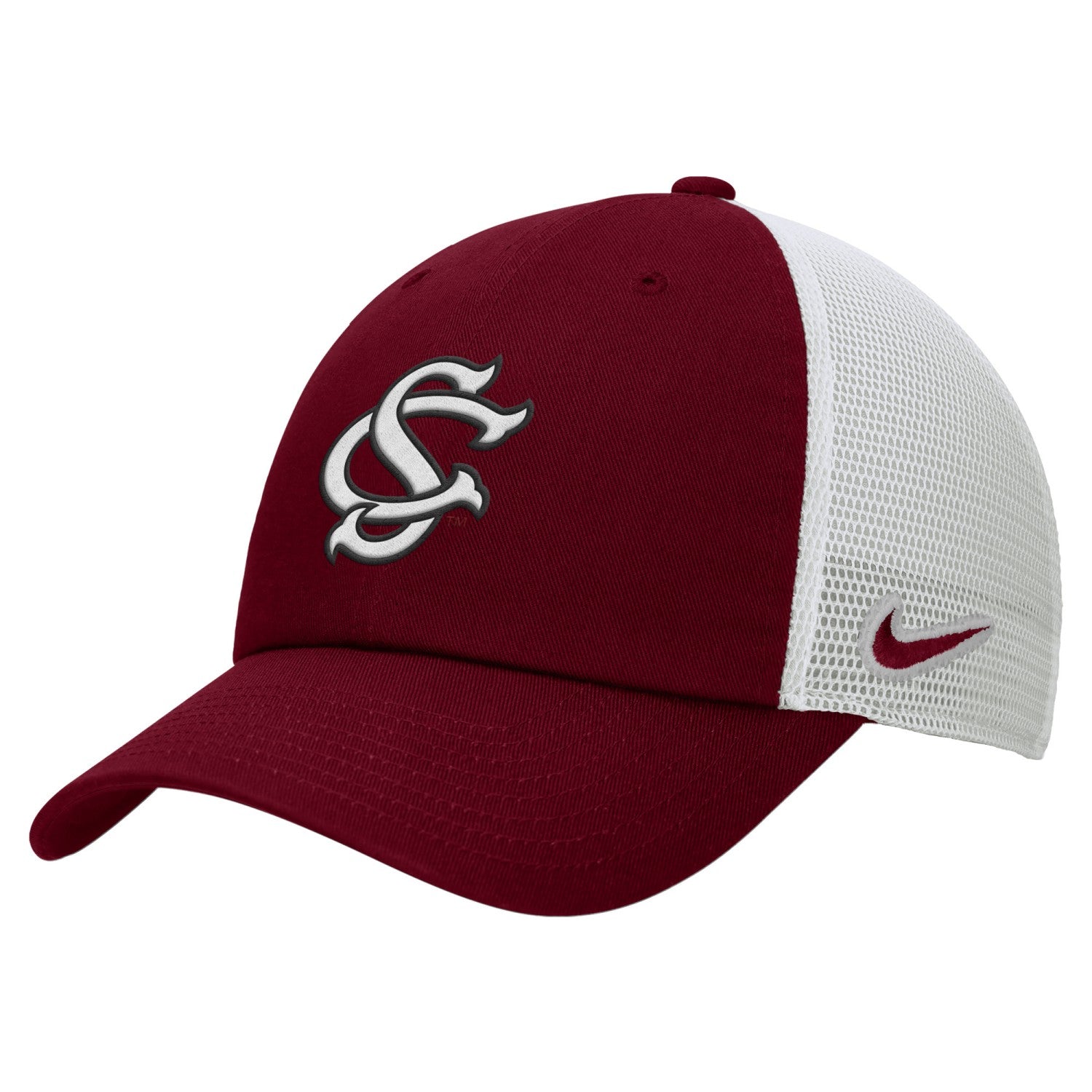 SOUTH CAROLINA GAMECOCKS GARNET AND WHITE INTERLOCKING SC NIKE CLUB TRUCKER