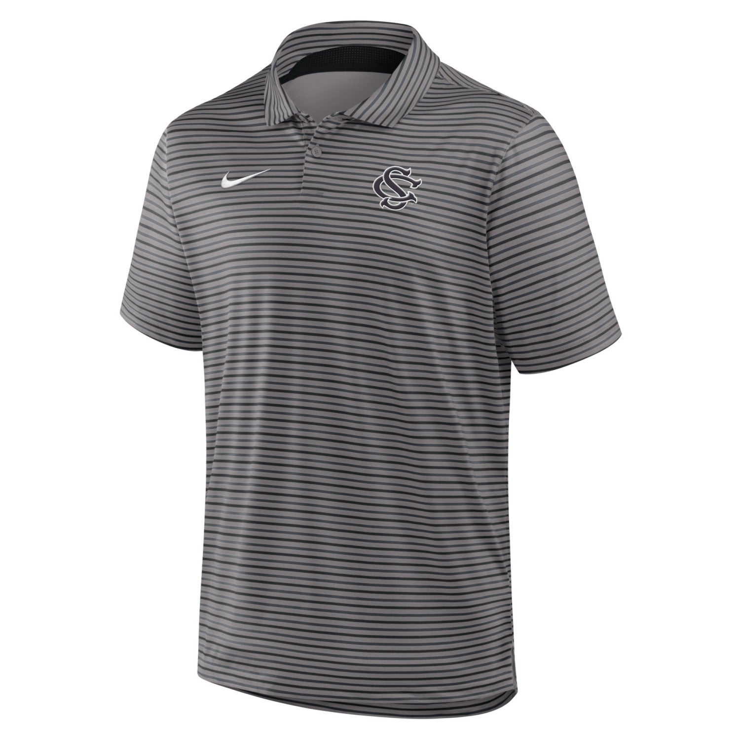 SOUTH CAROLINA GAMECOCKS GRAY AND BLACK STRIPE INTERLOCKING SC NIKE POLO