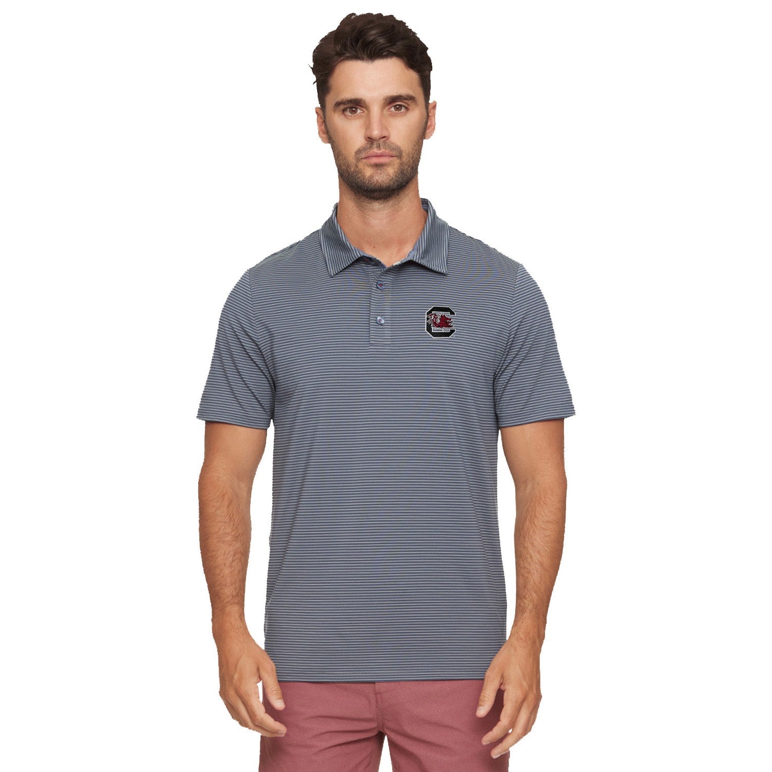 SOUTH CAROLINA GAMECOCKS GRAY AND BLACK STRIPE BLOCK C NAPLES POLO