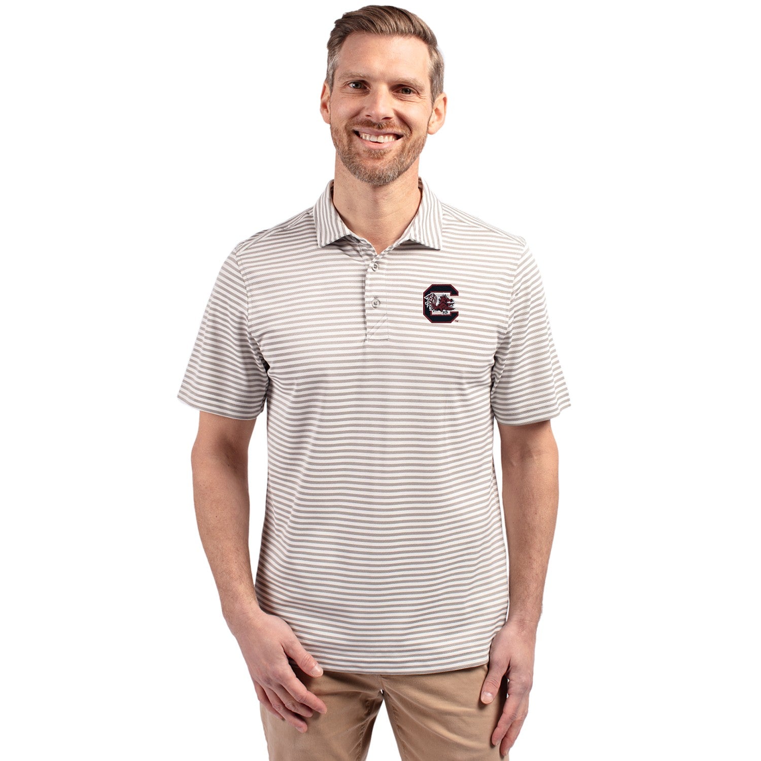 SOUTH CAROLINA GAMECOCKS GRAY AND WHITE STRIPE BLOCK C POLO