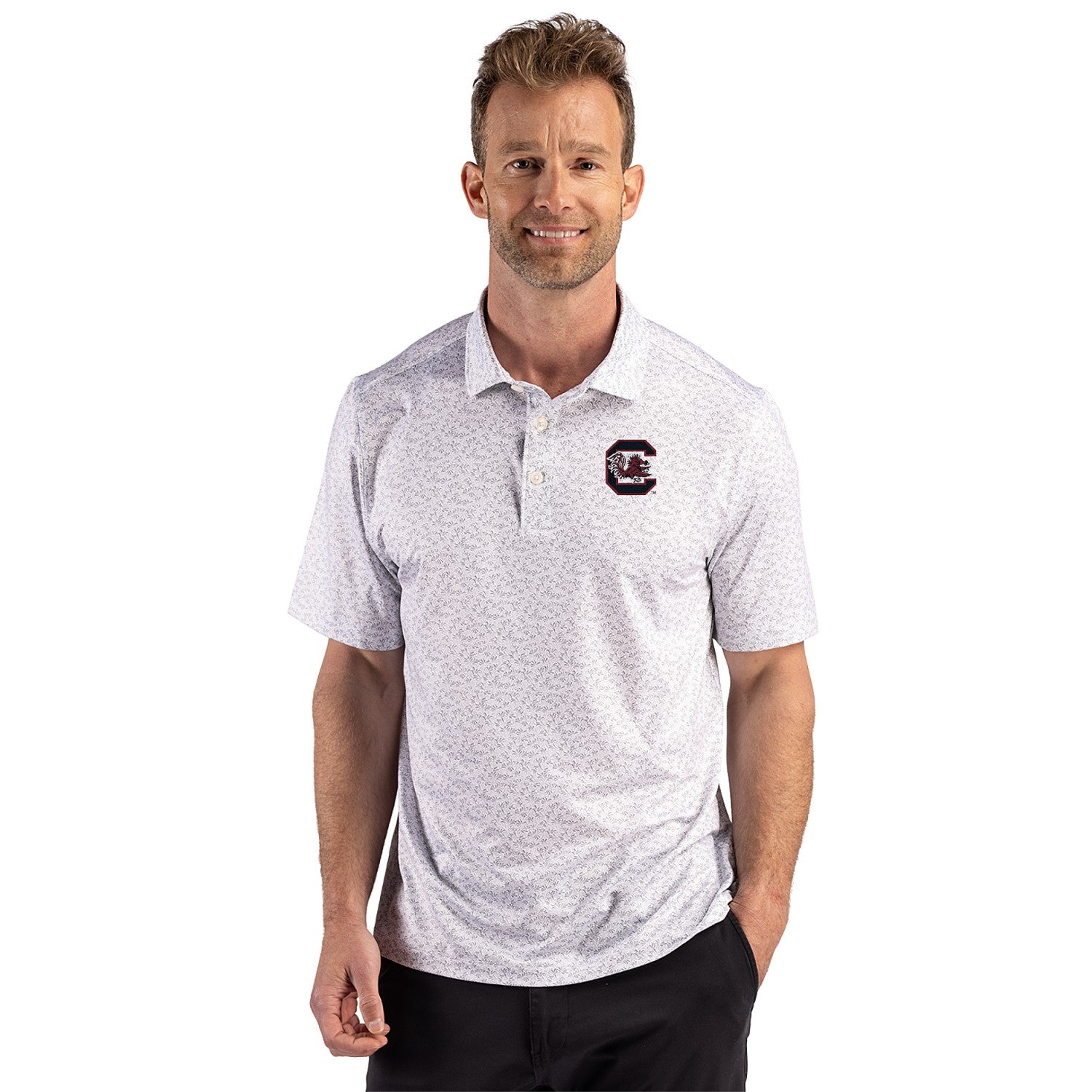 SOUTH CAROLINA GAMECOCKS WHITE AND GRAY BLOCK C FERN PRINT POLO