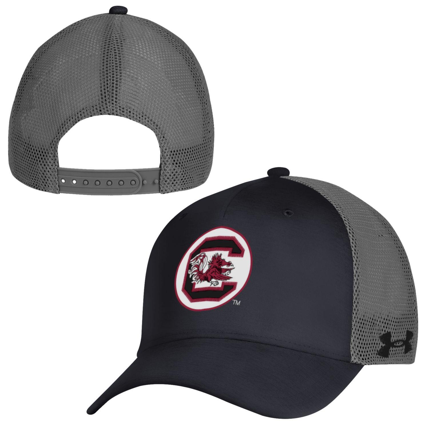BLACK AND GRAY BLOCK C IN CIRCLE UNDER ARMOUR TRUCKER HAT