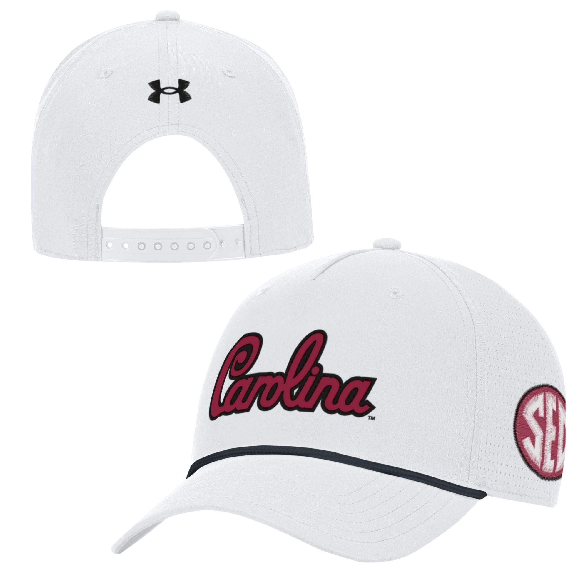 SOUTH CAROLINA GAMECOCKS WHITE SCRIPT CAROLINA UA HAT WITH ROPE