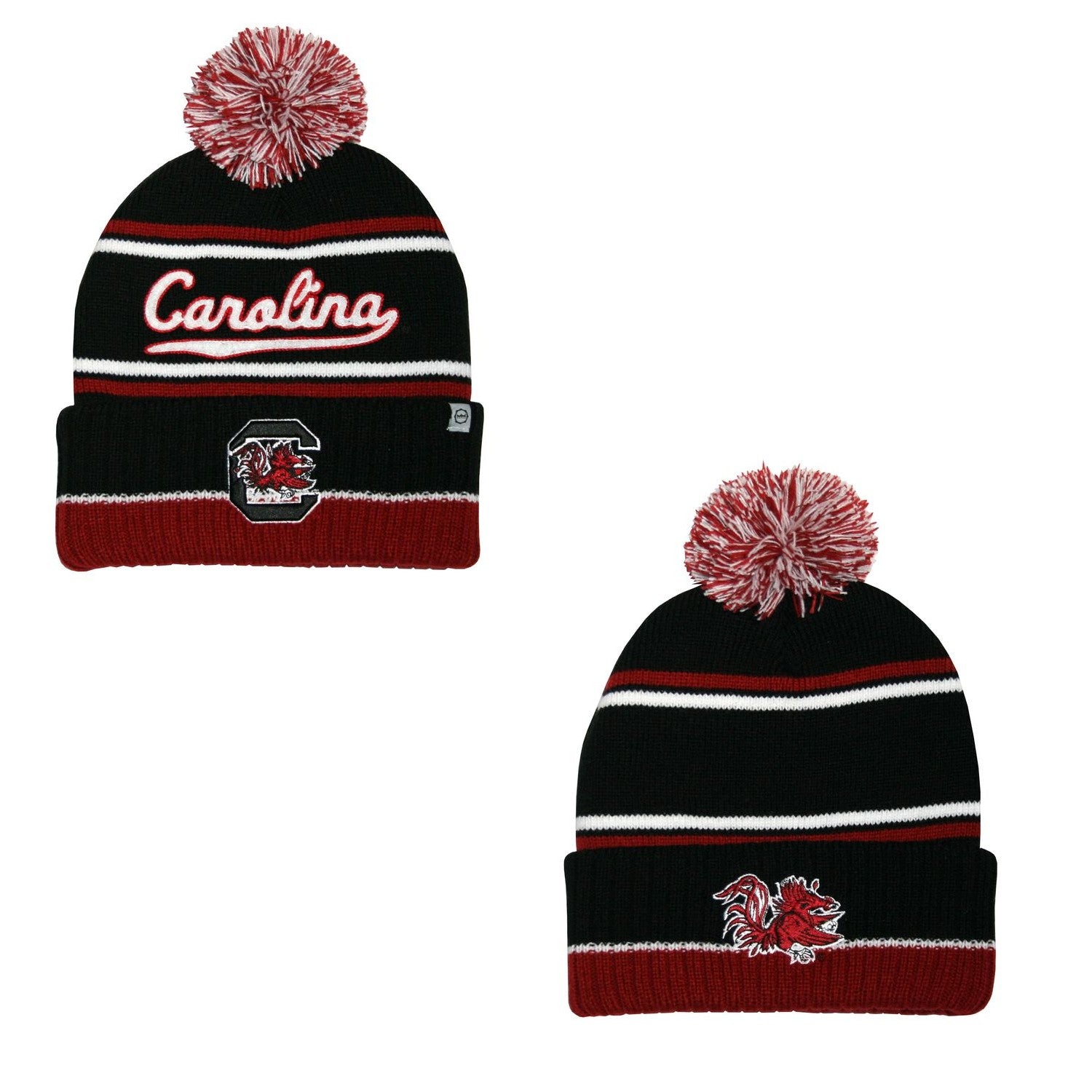SOUTH CAROLINA GAMECOCKS GARNET AND BLACK CHENILLE SCRIPT CUFF POM BEANIE