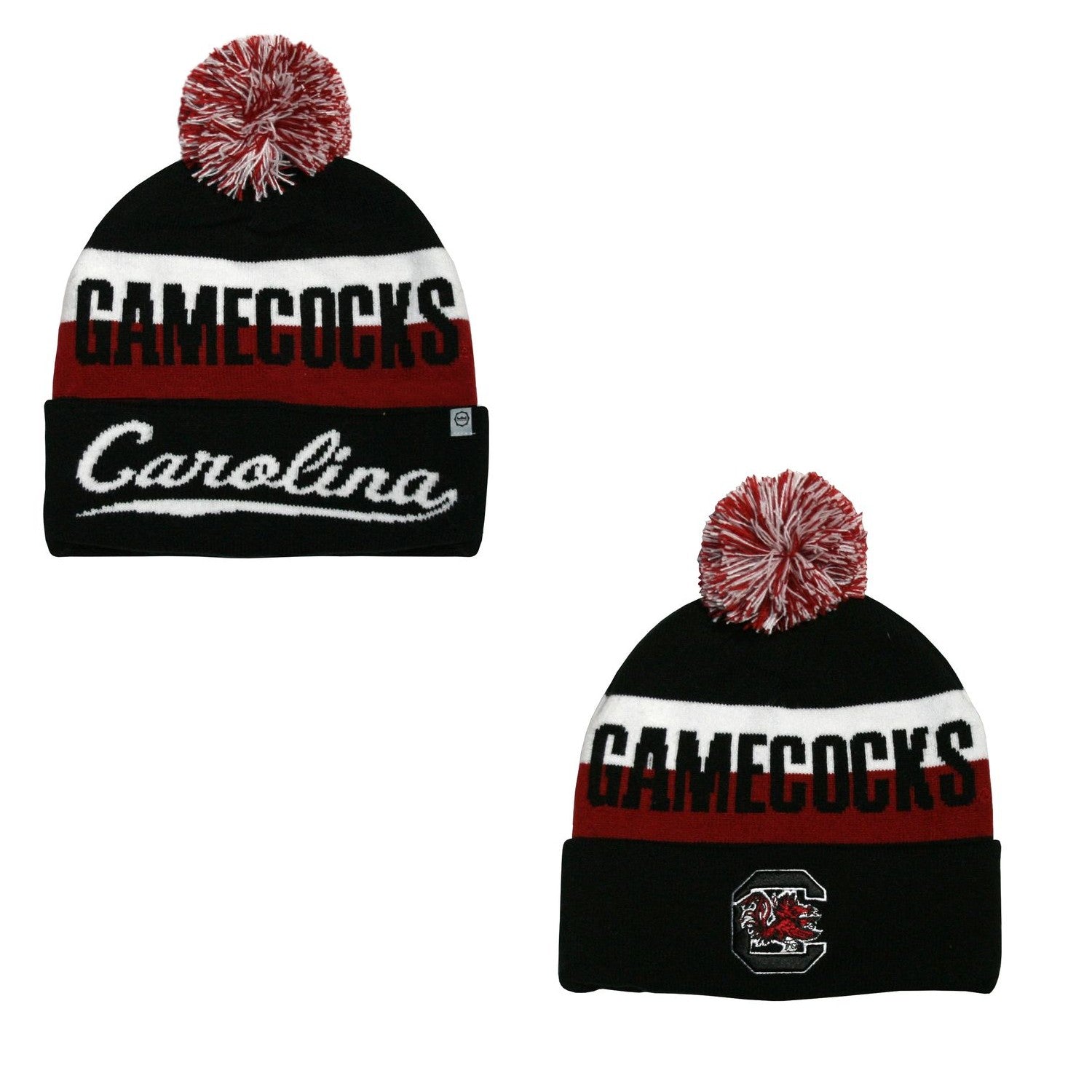 SOUTH CAROLINA GAMECOCKS GARNET AND BLACK SCRIPT JACQUARD CUFF POM BEANIE