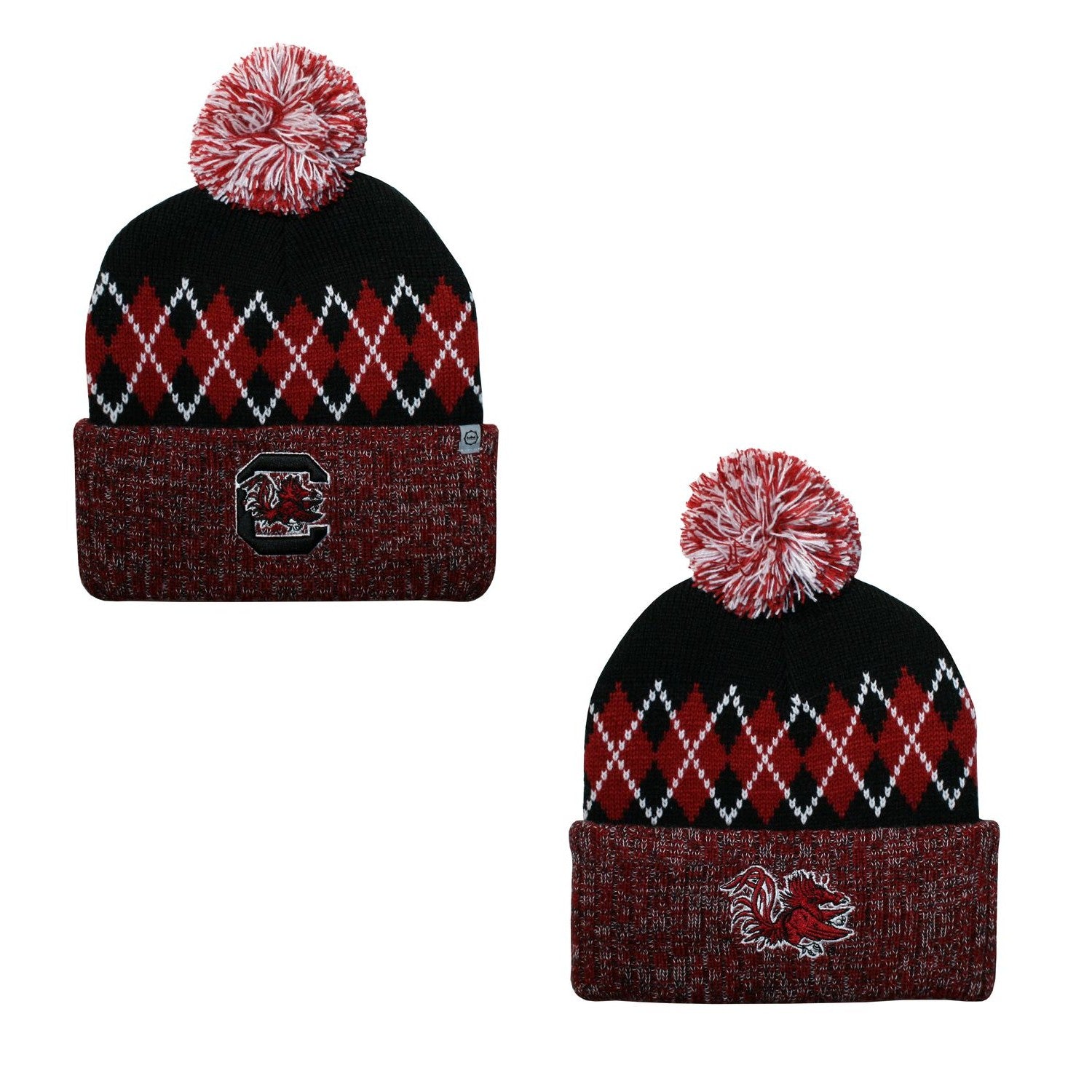 SOUTH CAROLIN GAMECOCKS GARNET AND BLACK BLUR CUFF POM BEANIE