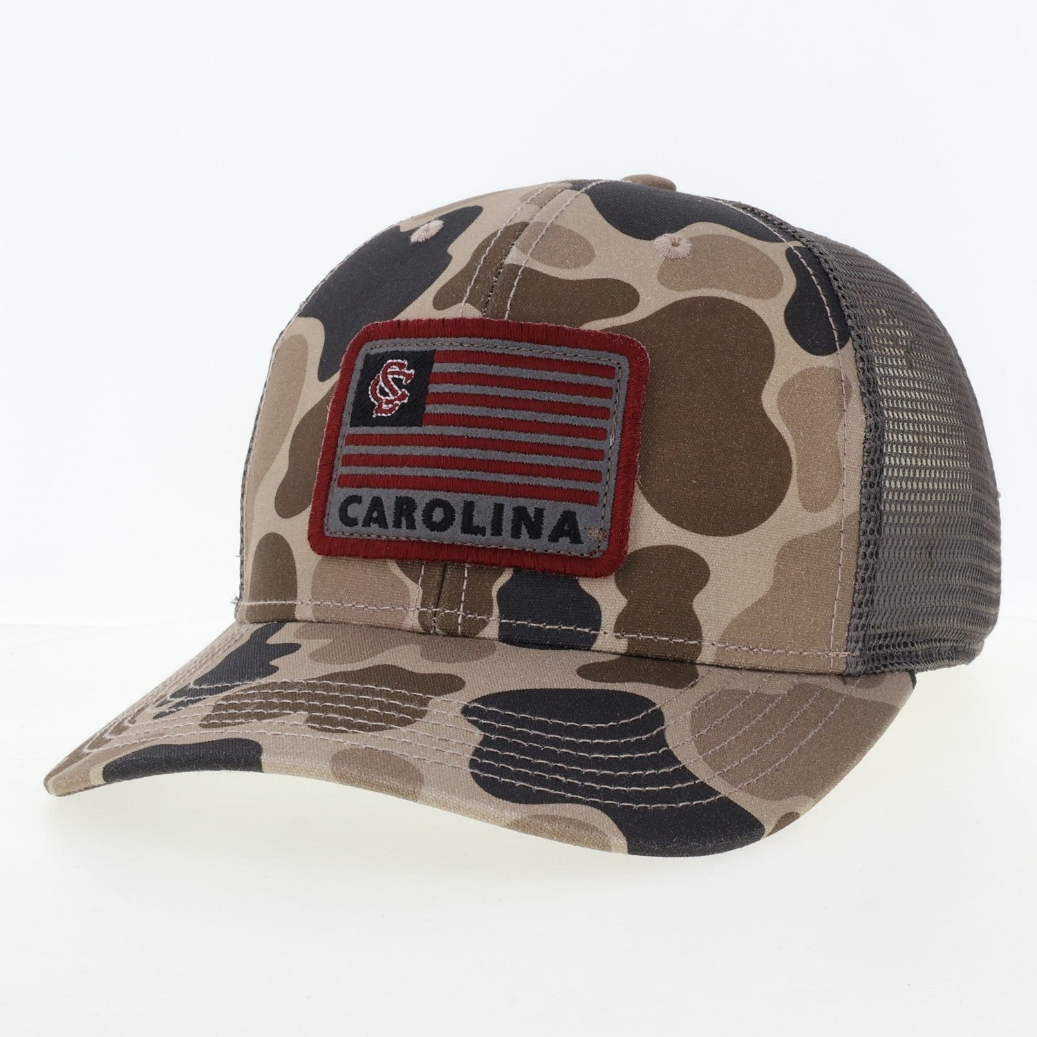 SOUTH CAROLINA GAMECOCKS FLAG PATCH DUCK CAMO TRUCKER HAT