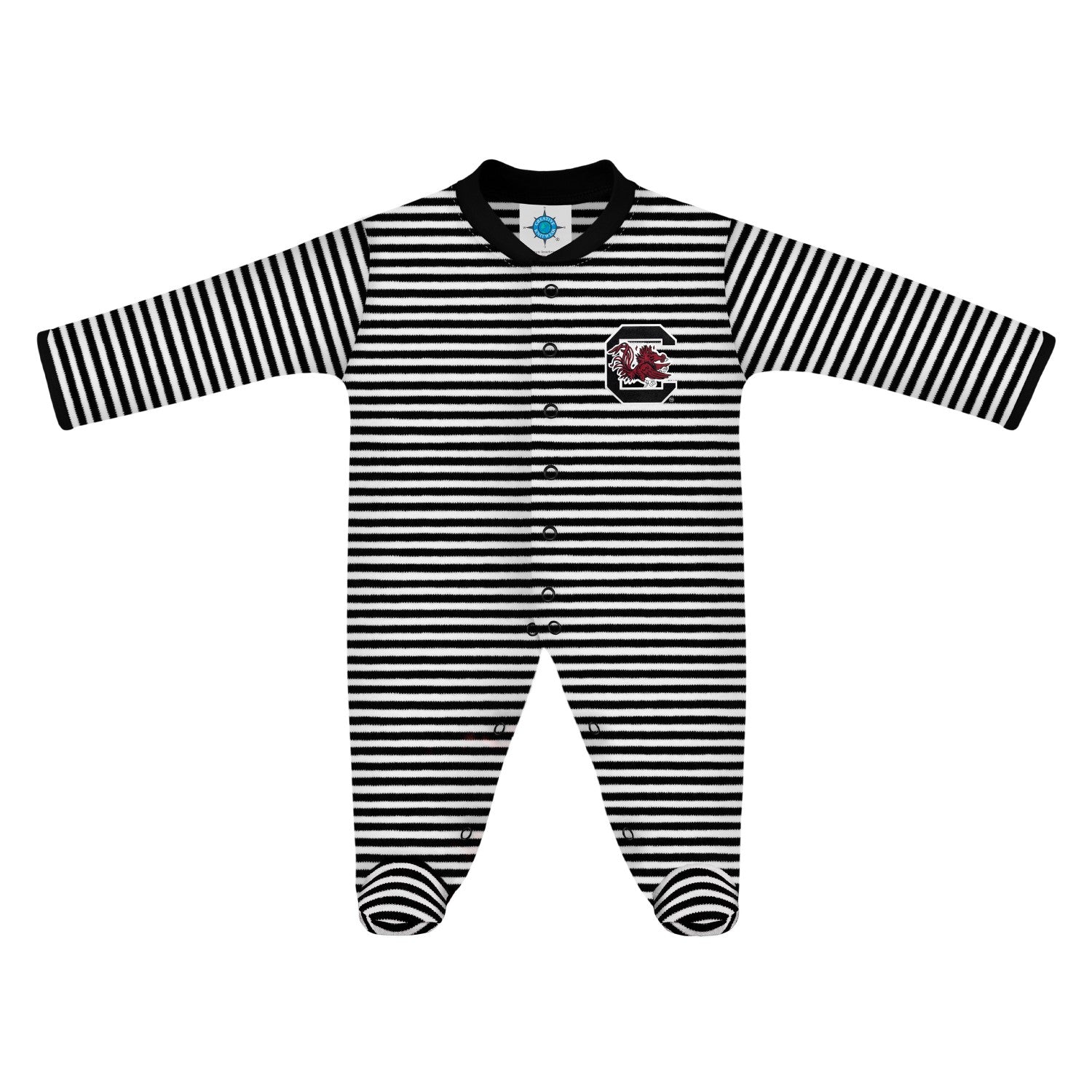 SOUTH CAROLINA GAMECOCKS BLACK AND WHITE STRIPE FOOTED ROMPER