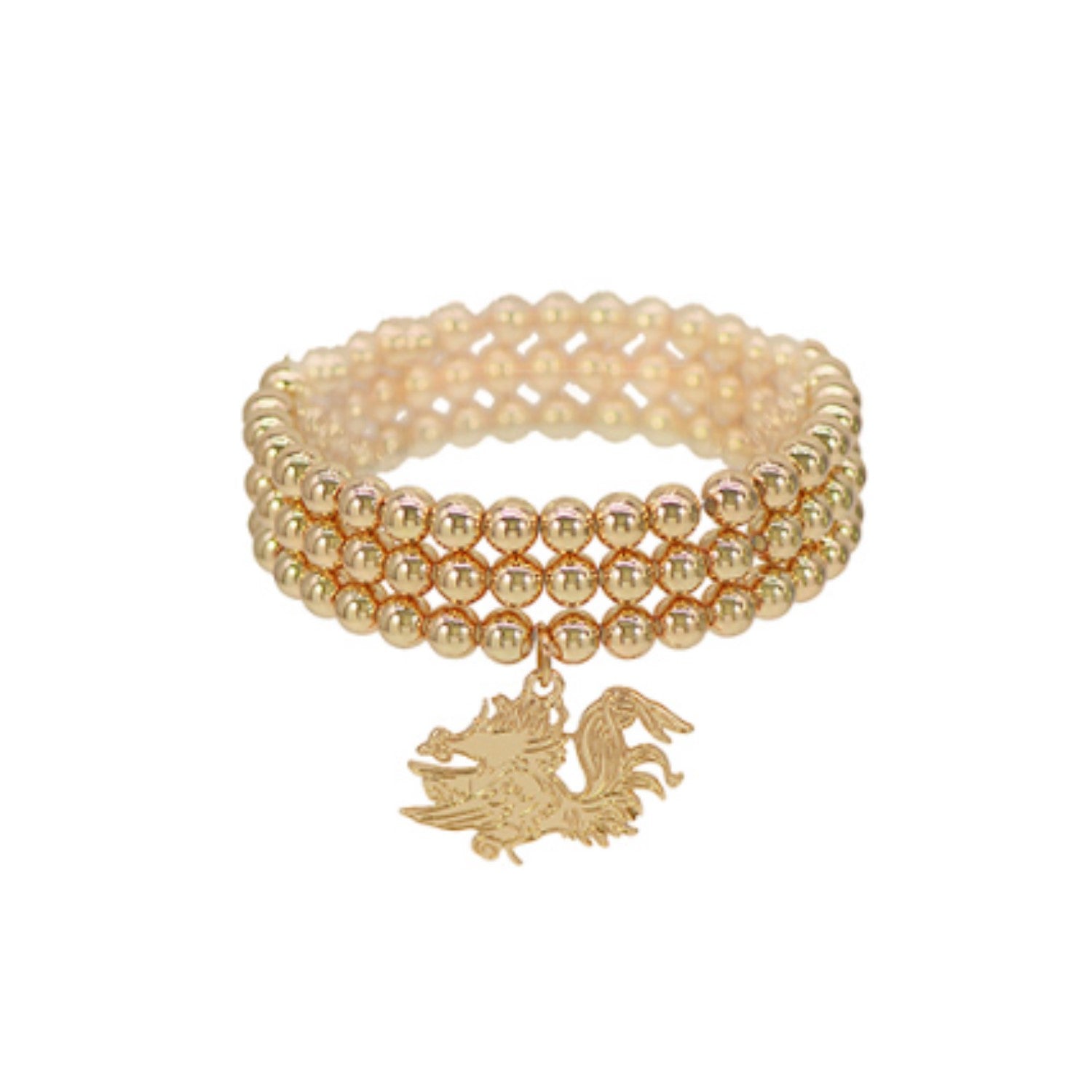 SOUTH CAROLINA GAMECOCKS GOLD TONE THREE ROW BRACELET WITH GAMECOCK CHARM