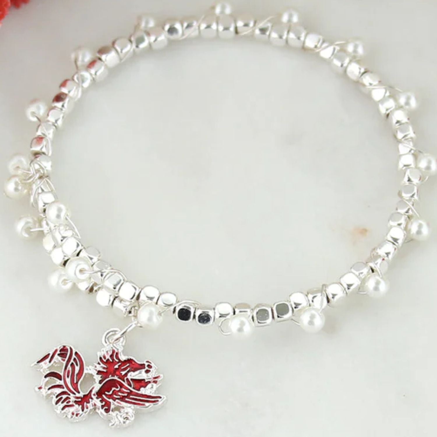 SOUTH CAROLINA GAMECOCKS ENAMEL GAMECOCK PEARL BRACELET