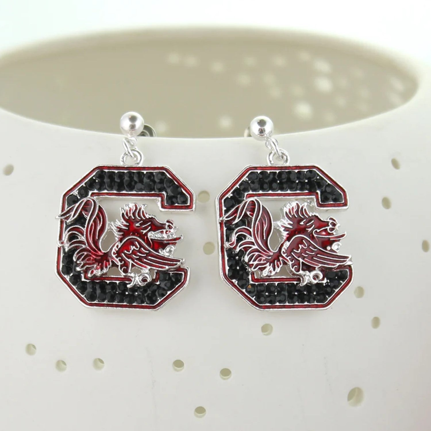 South Carolina Gamecock Block C Crystal Dangle Earrings