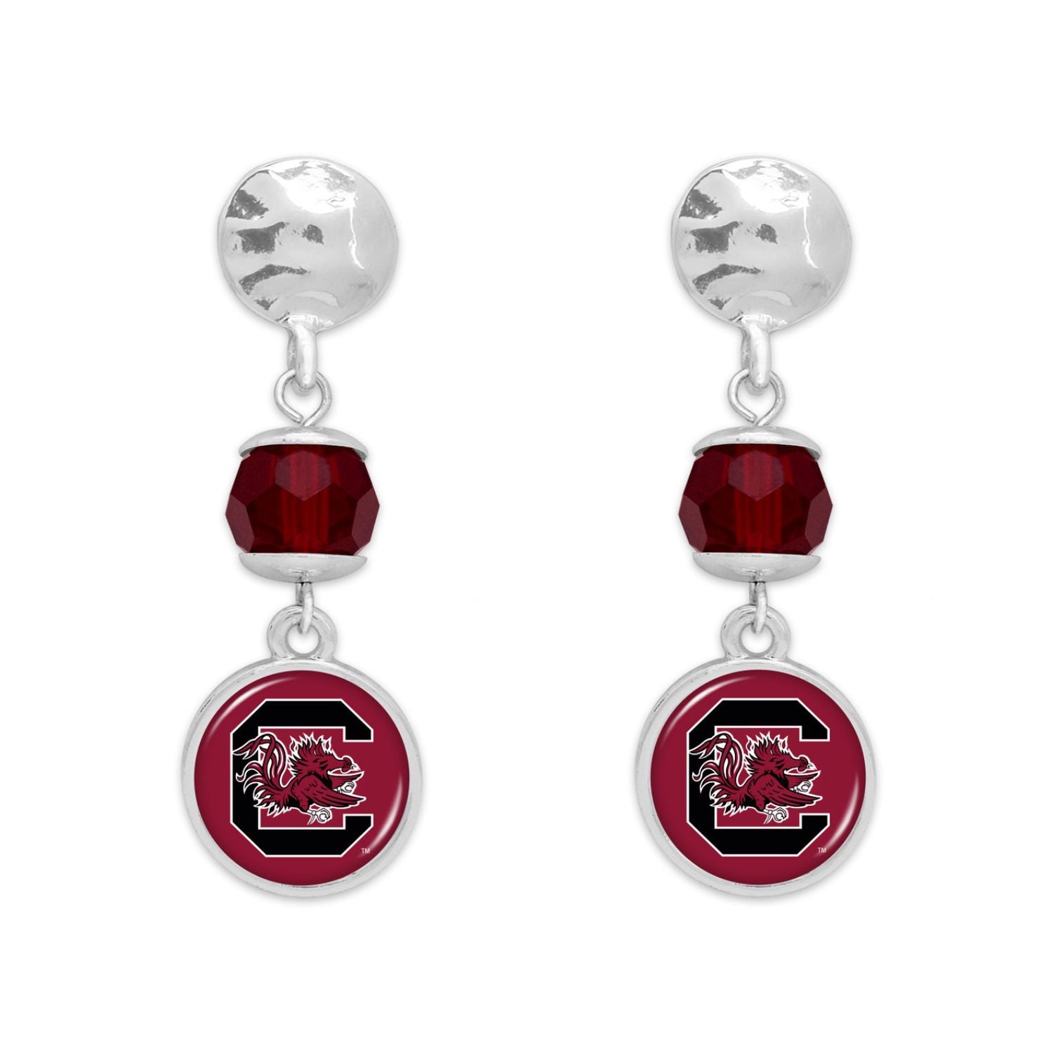 SOUTH CAROLINA GAMECOCKS SILVER TONE BLOCK C DROP EARRINGS
