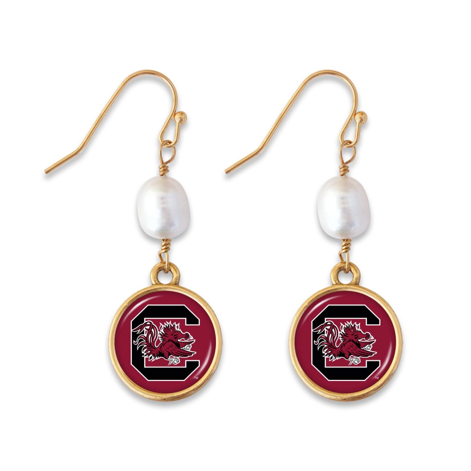 SOUTH CAROLINA GAMECOCKS GOLD TONE C BLOCK W/PEARL EARRINGS