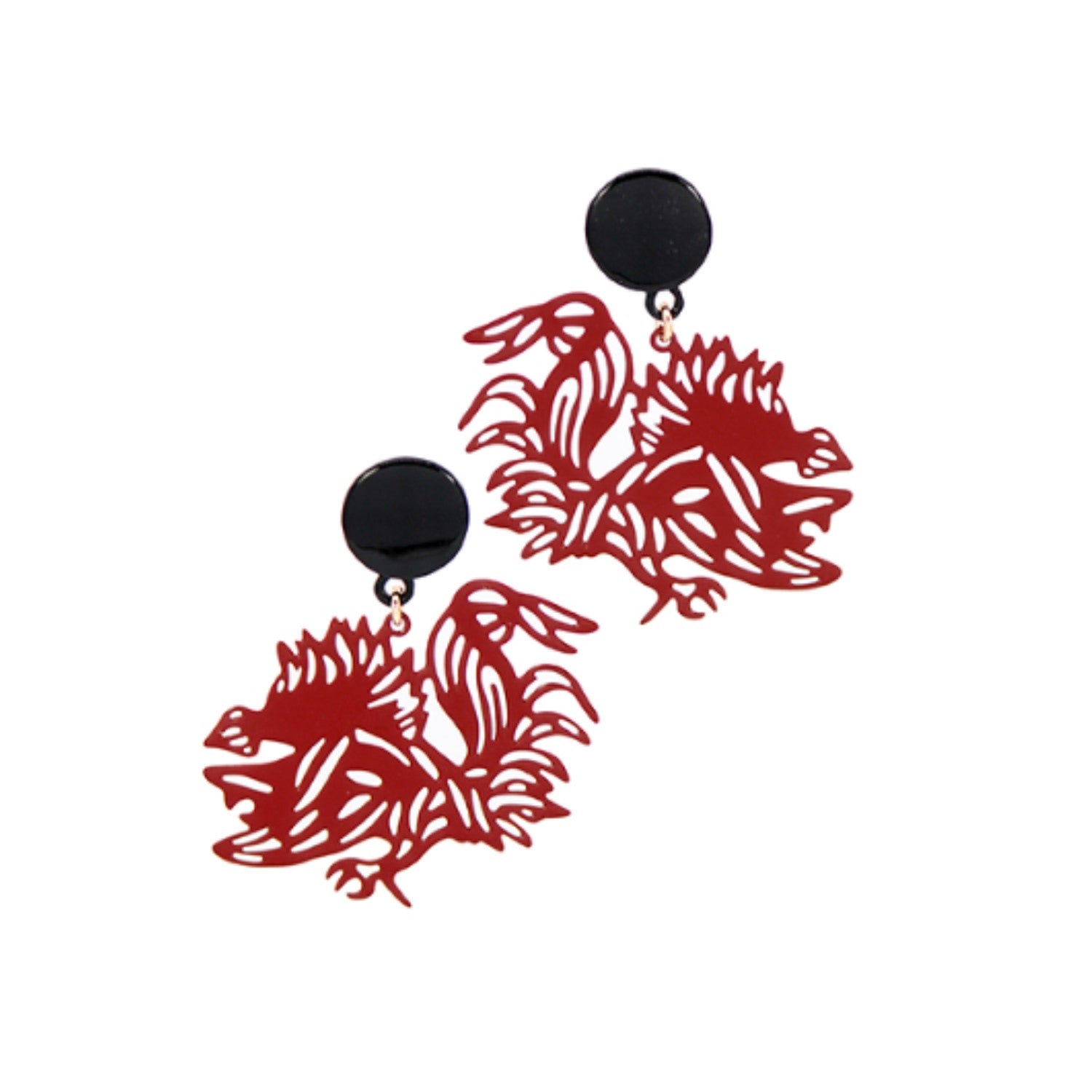 SOUTH CAROLINA GAMECOCKS GARNET AND BLACK GAMECOCK EARRINGS