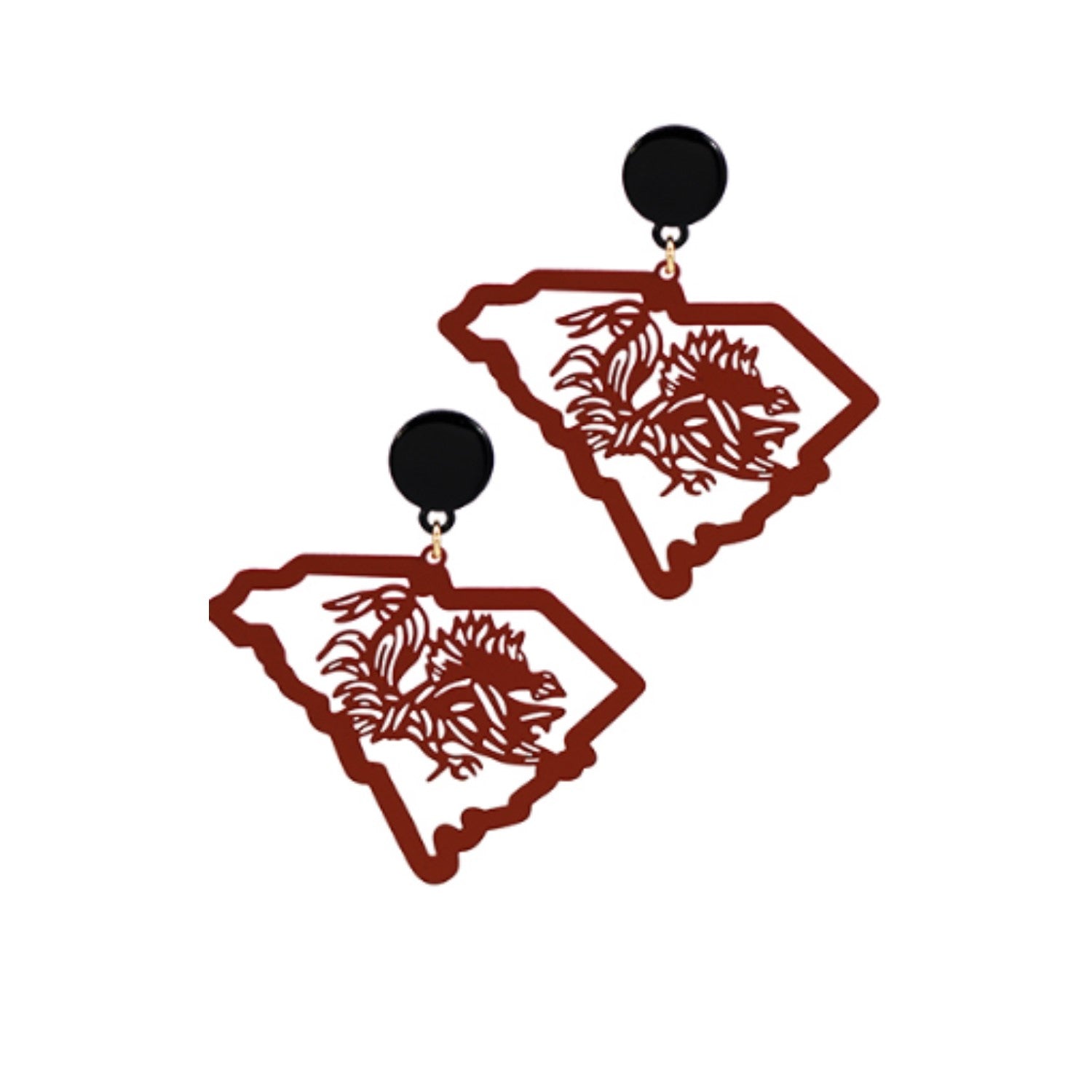 SOUTH CAROLINA GAMECOCKS GARNET GAMECOCK IN STATE EARRINGS