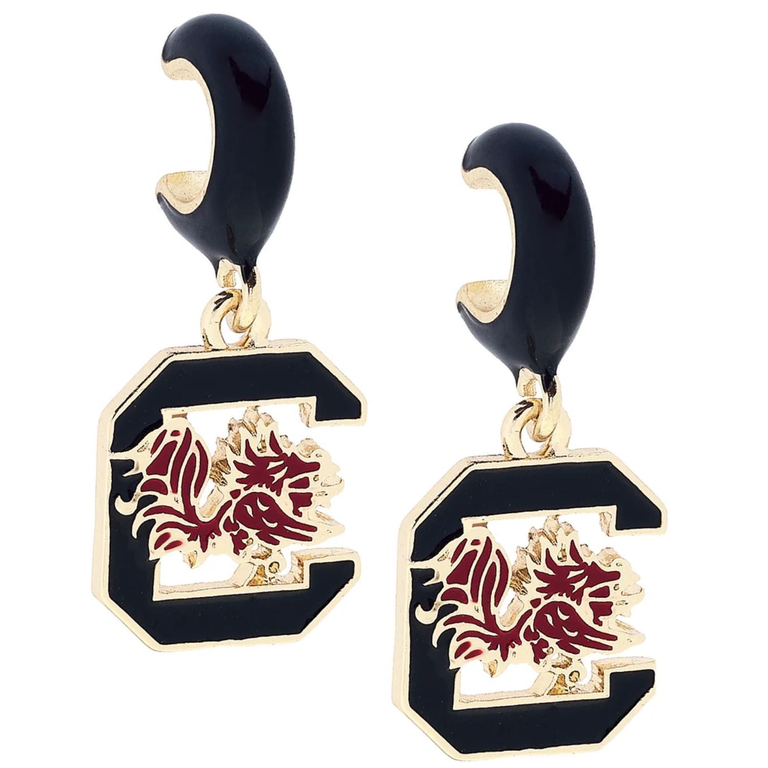 SOUTH CAROLINA GAMECOCKS BLACK GOLD TONE BLOCK C HUGGIE HOOP EARRINGS