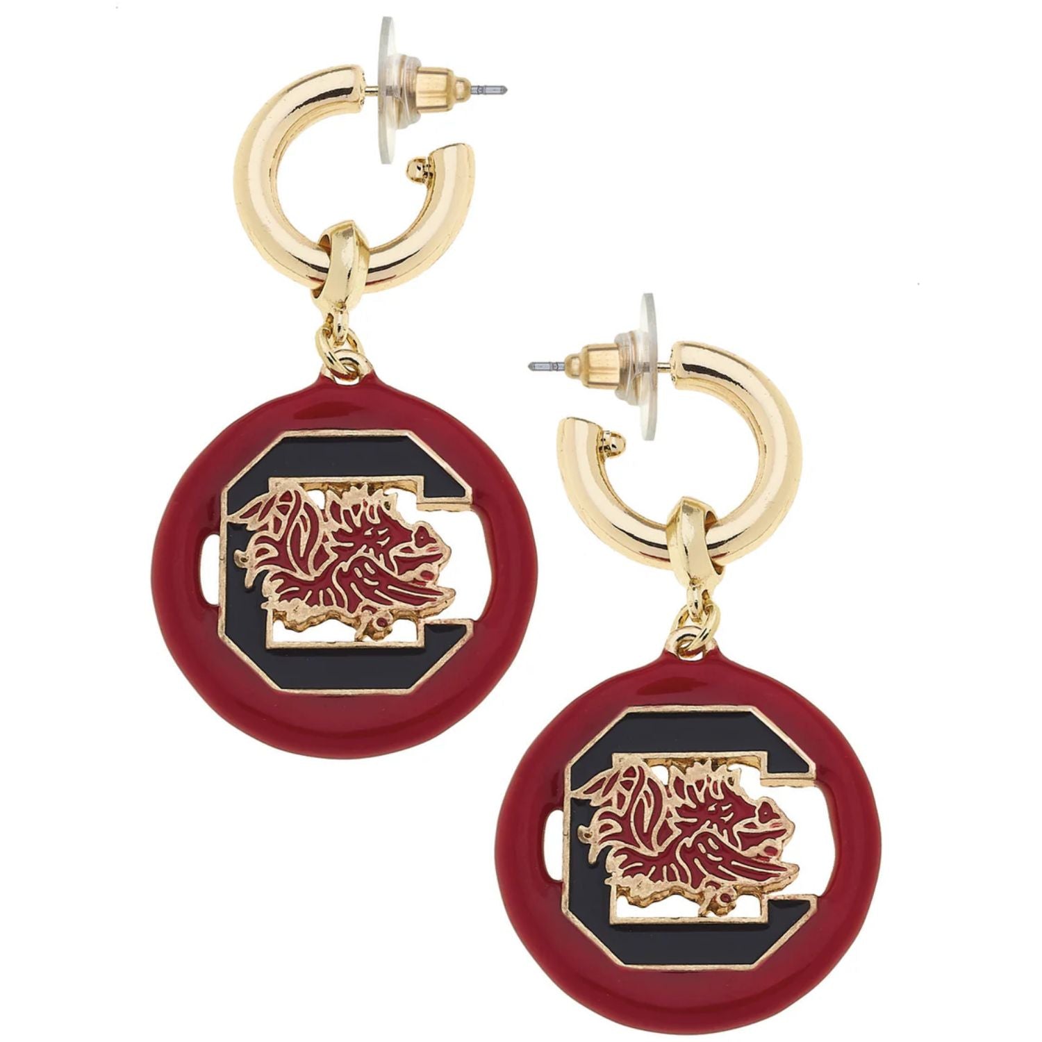 SOUTH CAROLINA GAMECOCKS GOLD TONE BLOCK C DROP HOOP EARRINGS