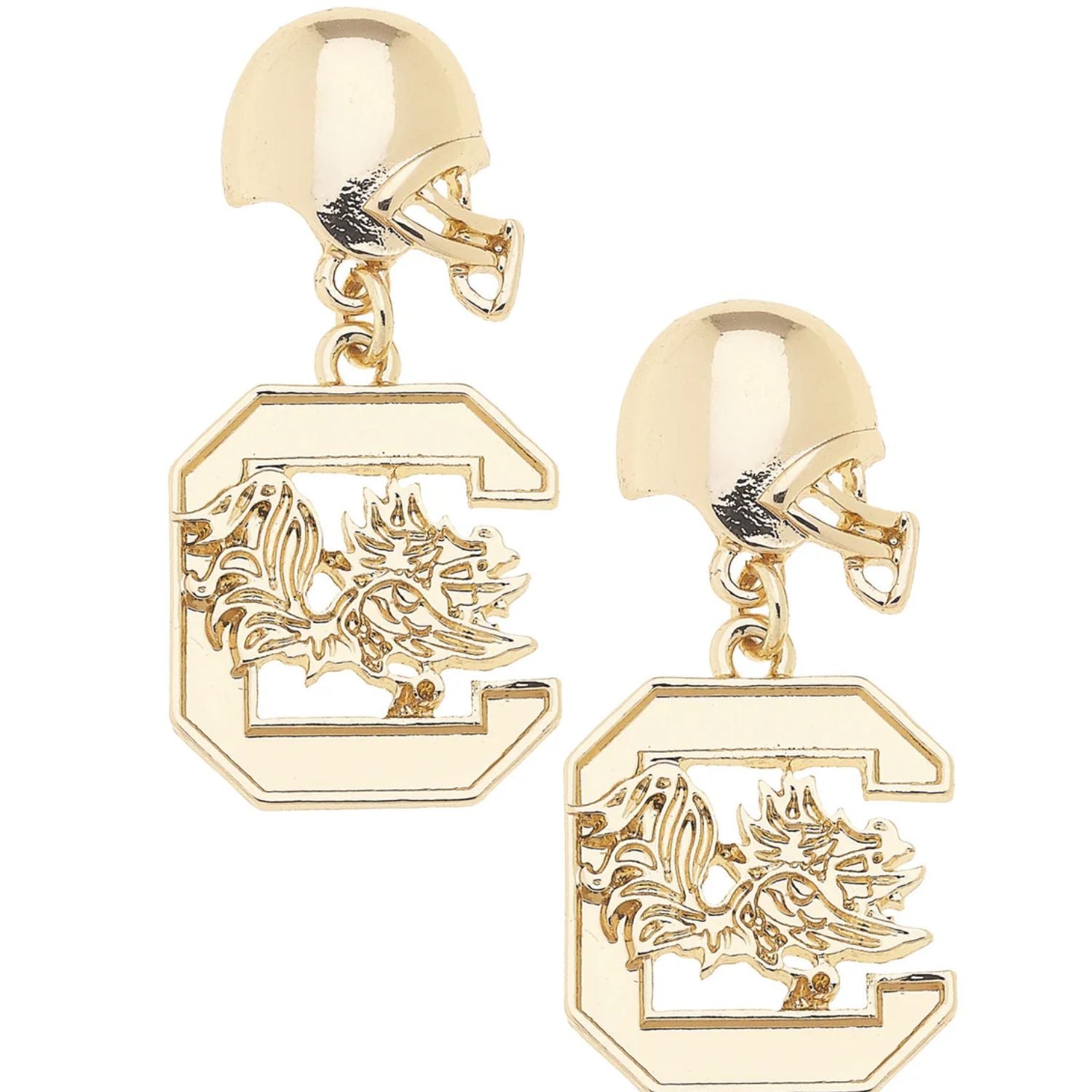 SOUTH CAROLINA GAMECOCKS GOLD TONE HELMET BLOCK C DANGLE EARRINGS