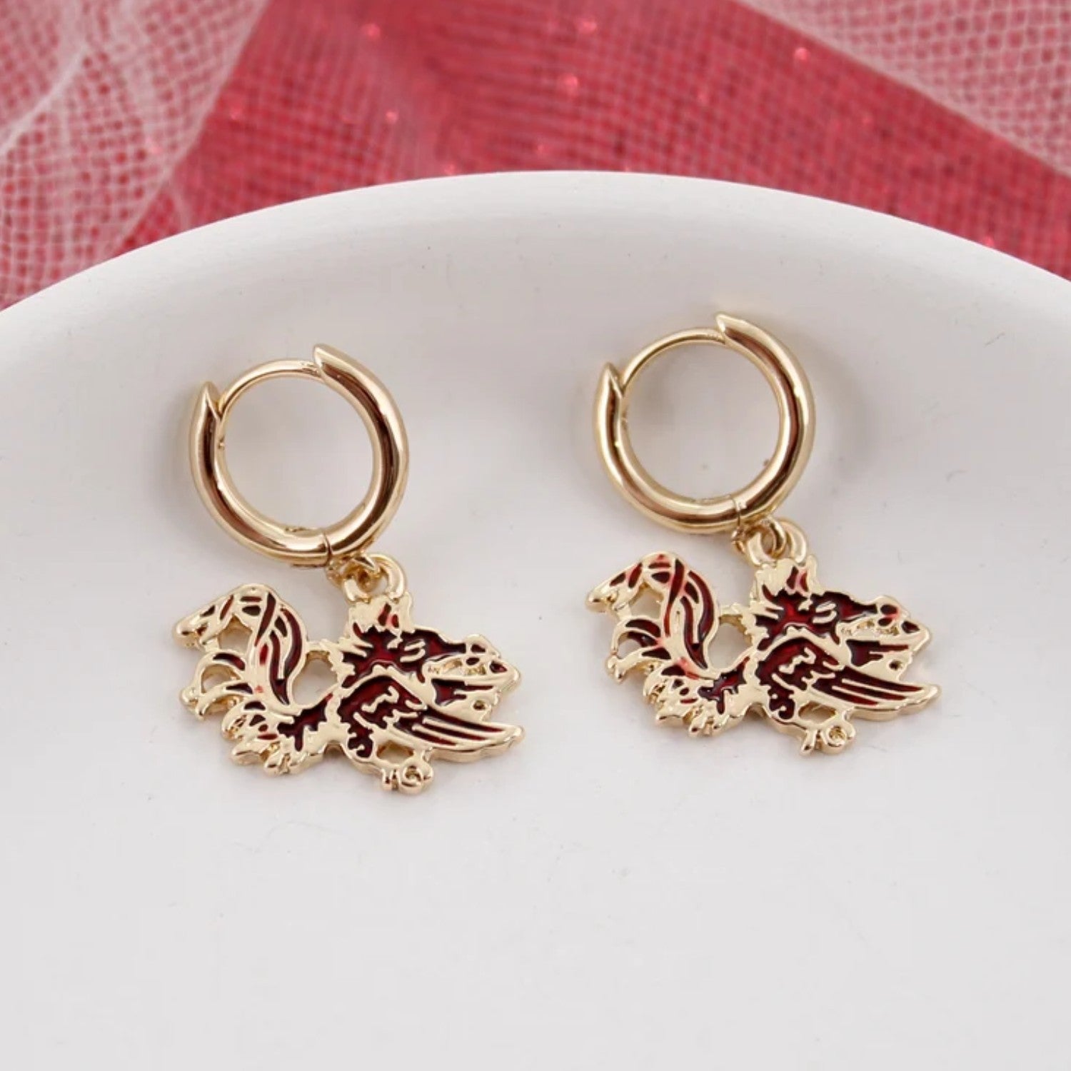 SOUTH CAROLINA GAMECOCKS DANGLE BLOCK C GOLD TONE HUGGIE HOOPS
