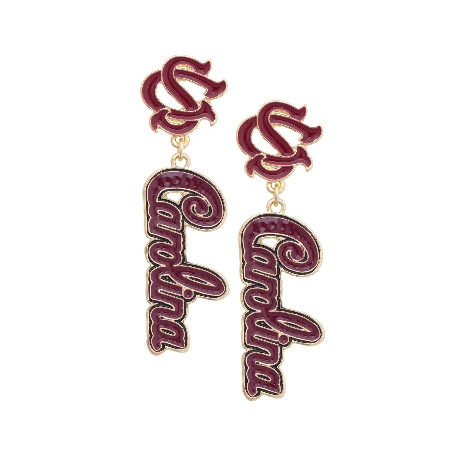 SOUTH CAROLINA GAMEOCCKS GOLD TONE INTERLOCKING SC SCRIPT DANGLE EARRINGS