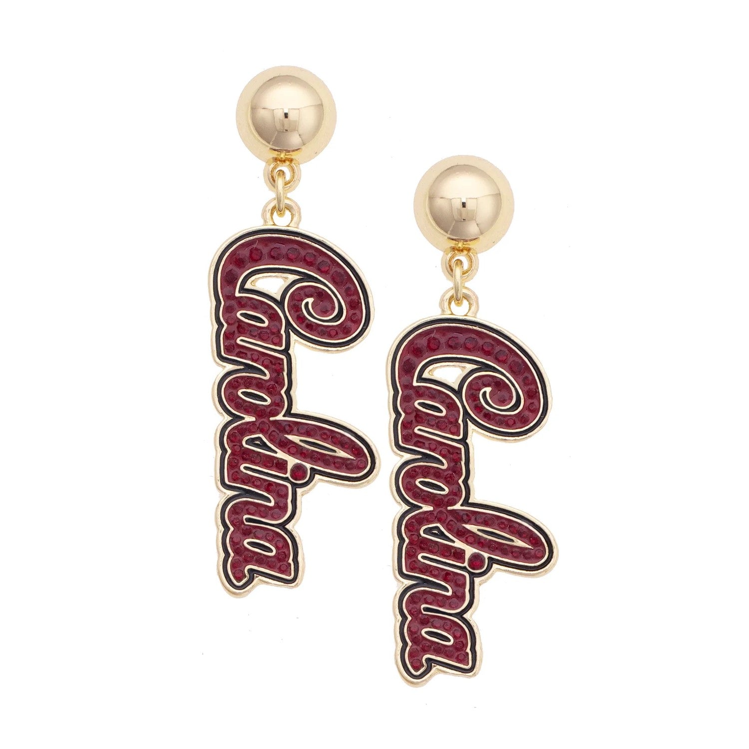SOUTH CAROLINA GAMEOCCKS GOLD TONE SCRIPT CAROLINA DANGLE EARRINGS