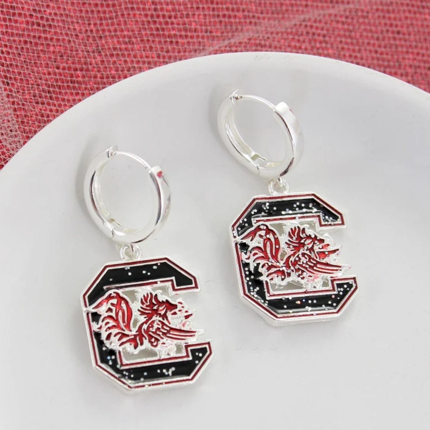 SOUTH CAROINA GAMECOCKS GLITTER BLOCK C HUGGIE HOOPS