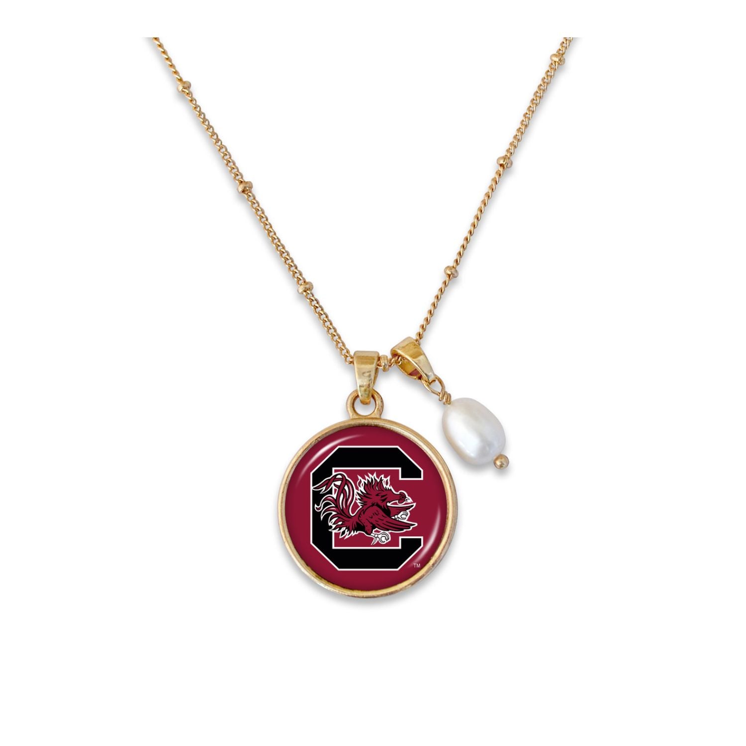 SOUTH CAROLINA GAMECOCKS GOLD PLATED C BLOCK W/PEARL NECKLACE