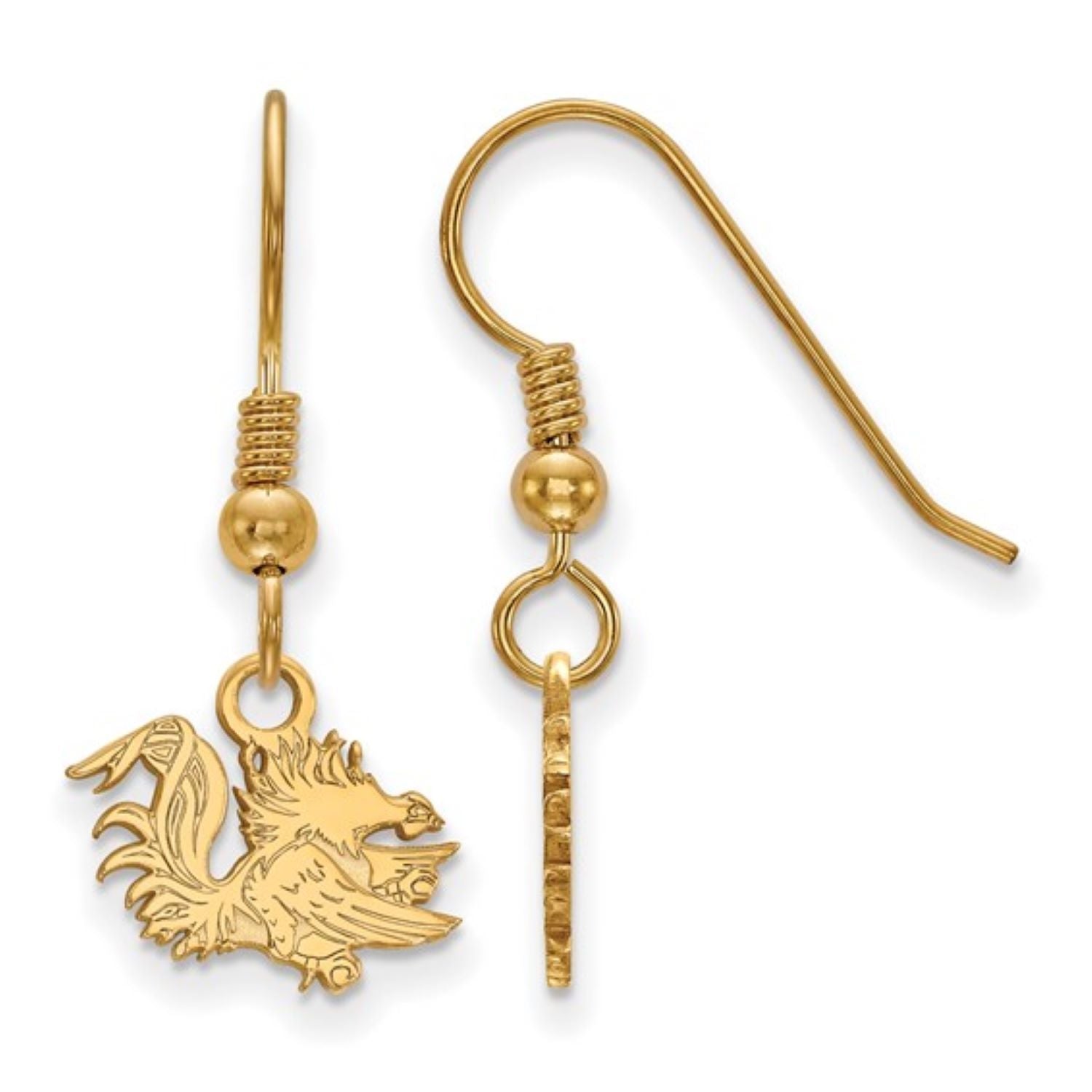 SOUTH CAROLINA GOLD PLATED STERLING SILVER EXTRA SMALL GAMECOCK DANGLE EARRINGS