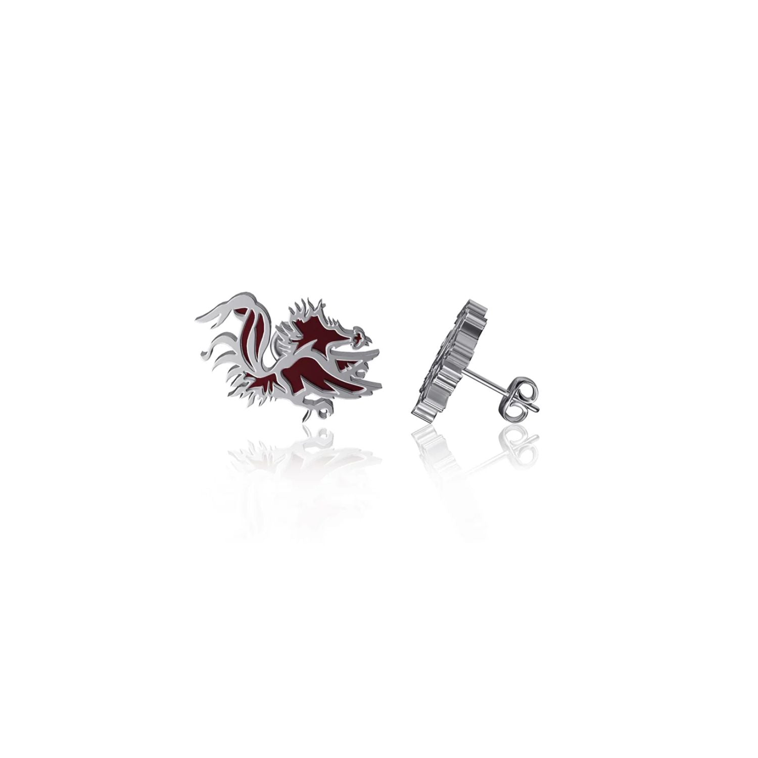 SOUTH CAROLINA GAMECOCKS STERLING SILVER AND GARNET GAMECOCK STUD EARRINGS