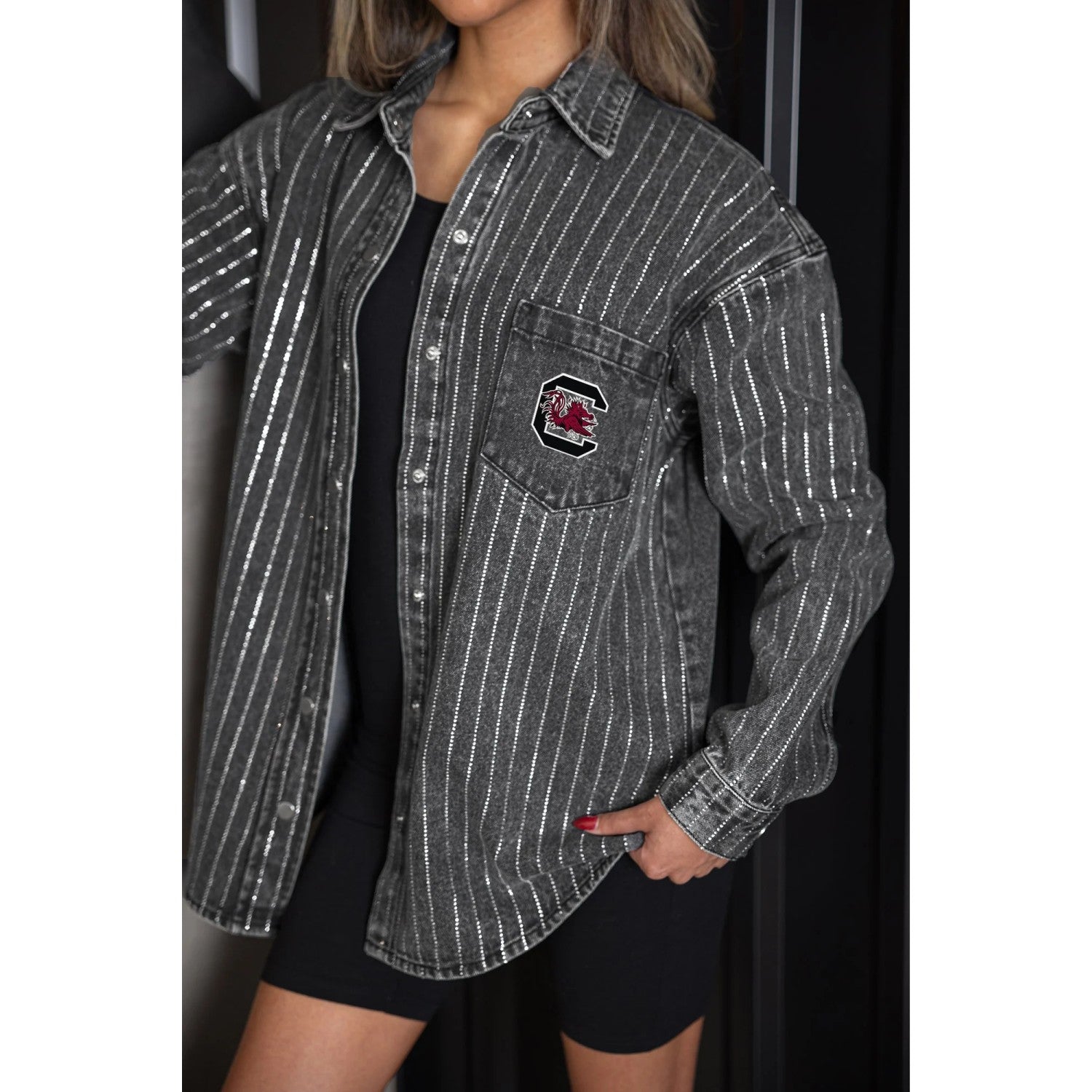 SOUTH CAROLINA GAMECOCKS BLACK RHINESTONE LADIES BUTTON UP