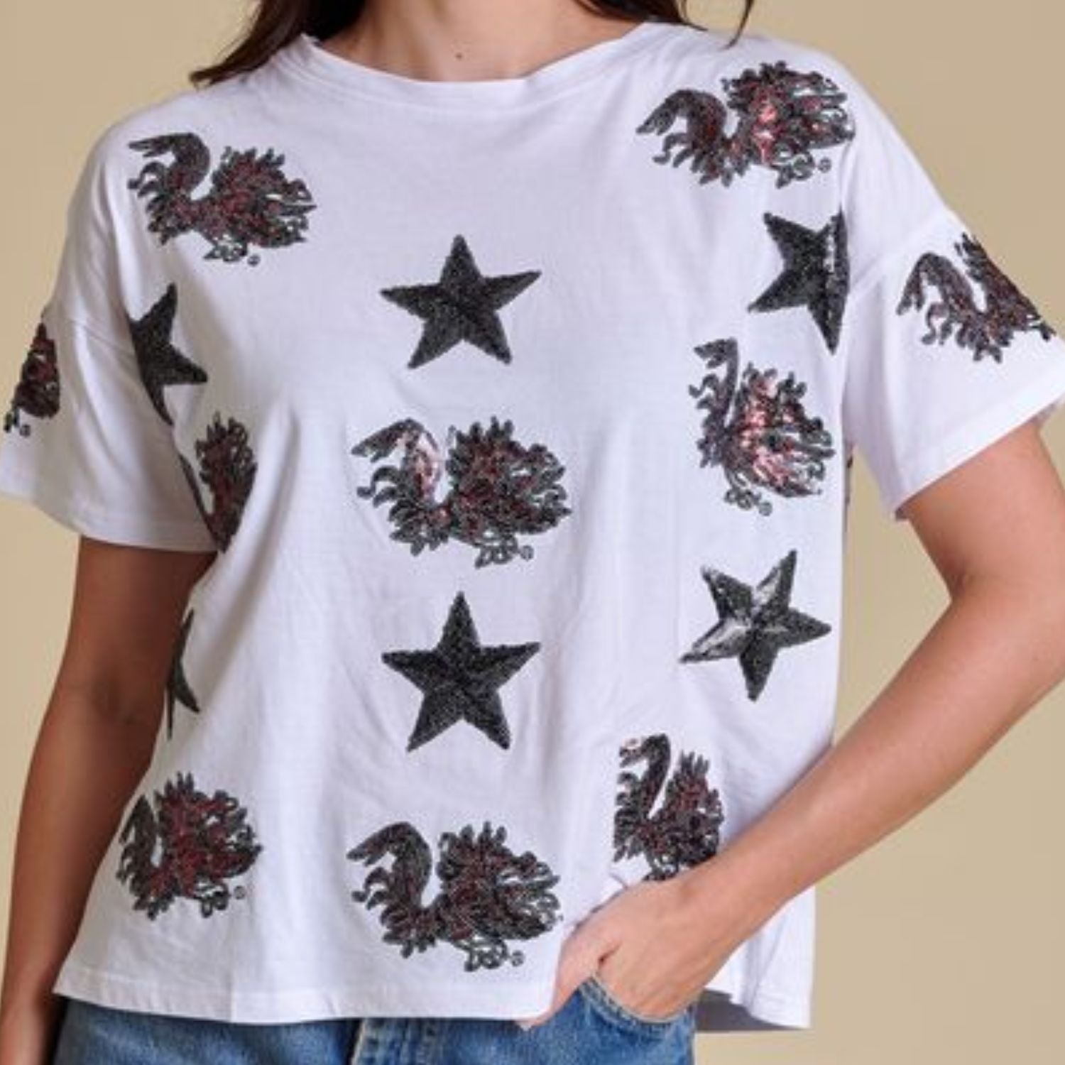 SOUTH CAROLINA GAMECOCKS WHITE SEQUIN GAMECOCKS TEE