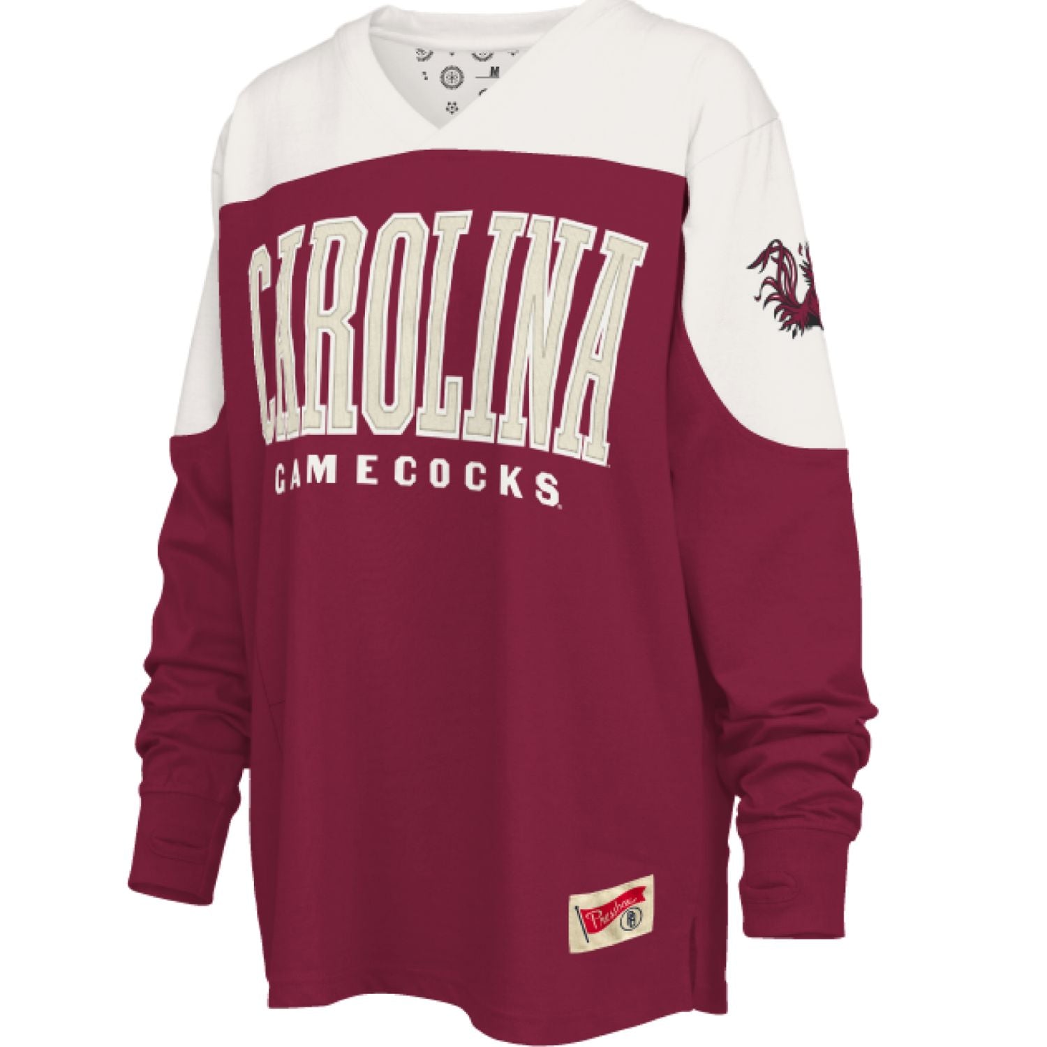 SOUTH CAROLINA GAMECOCKS PRESSBOX GARNET/WHITE CAROLINA VNECK LONGSLEEVE