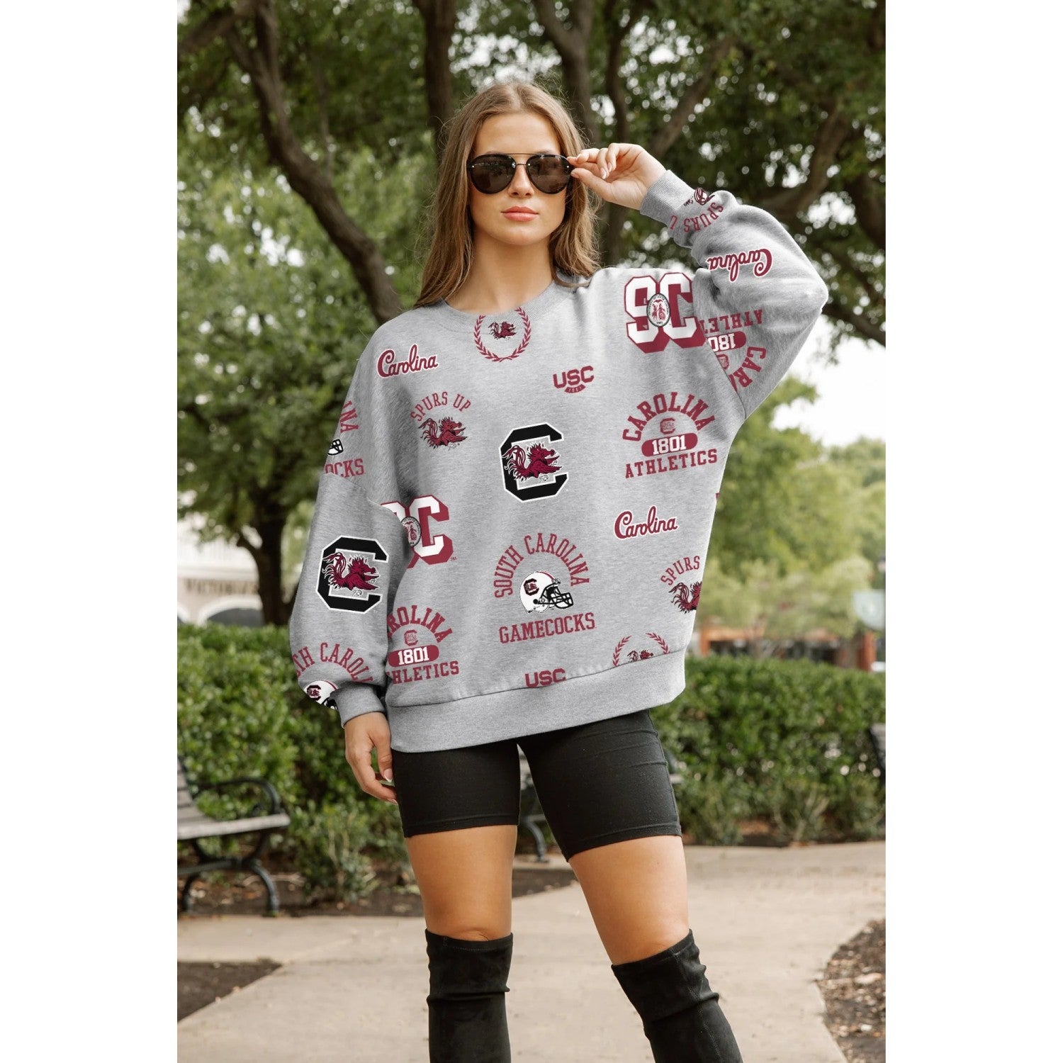 SOUTH CAROLINA GAMECOCKS GRAY ALLOVER PRINT LADIES CREW
