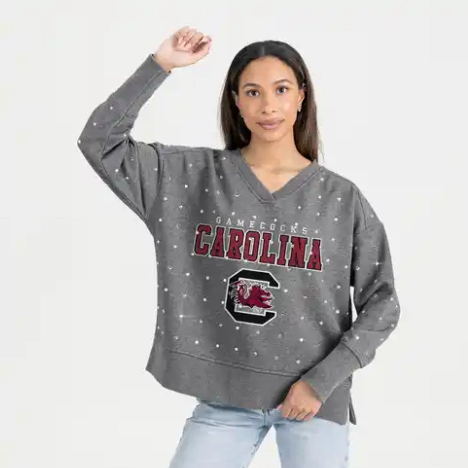 SOUTH CAROLINA GAMECOCKS GRAY RHINESTONE V-NECK PULLOVER