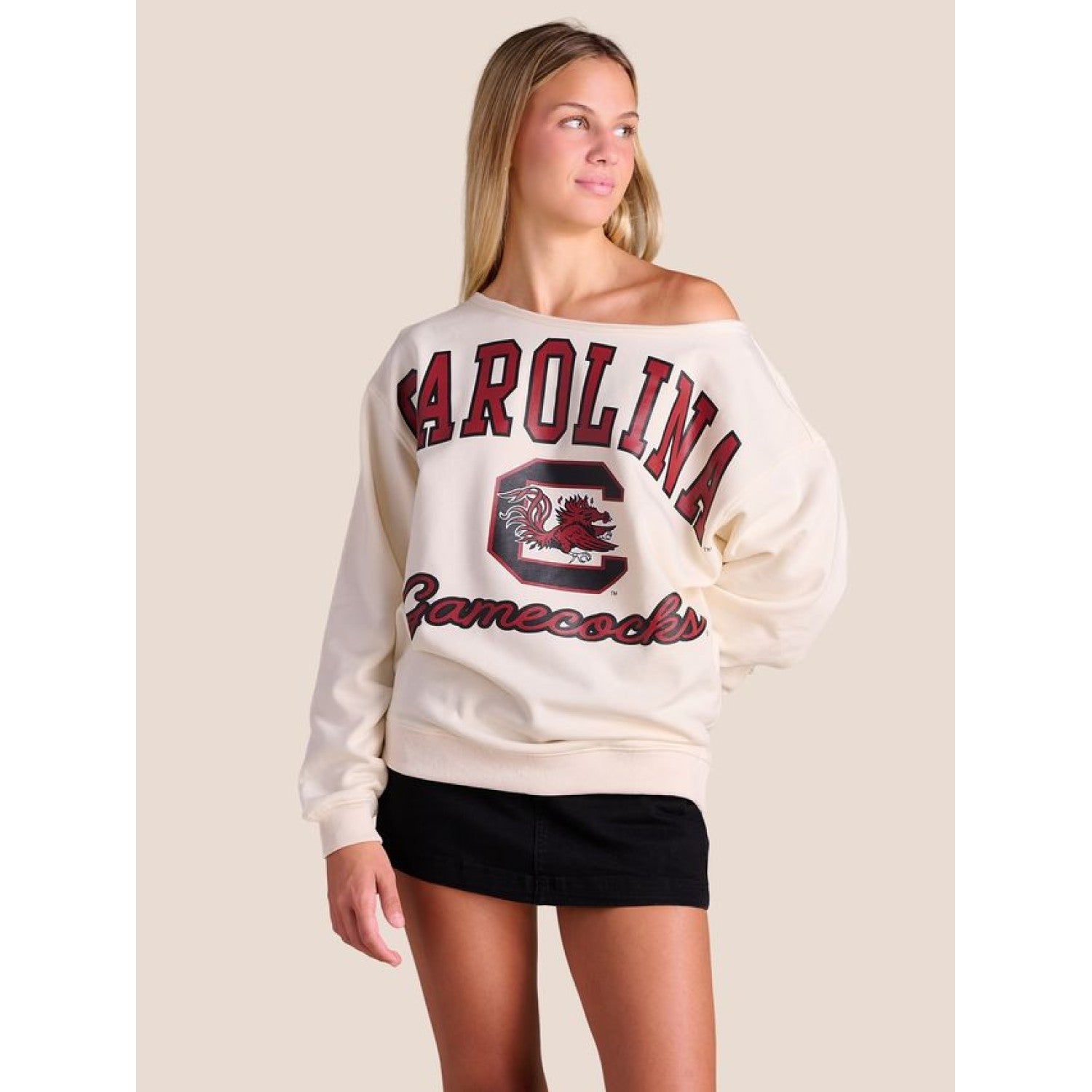 SOUTH CAROLINA GAMEOCKS WHITE OVERTIME OFF SHOULDER CREW