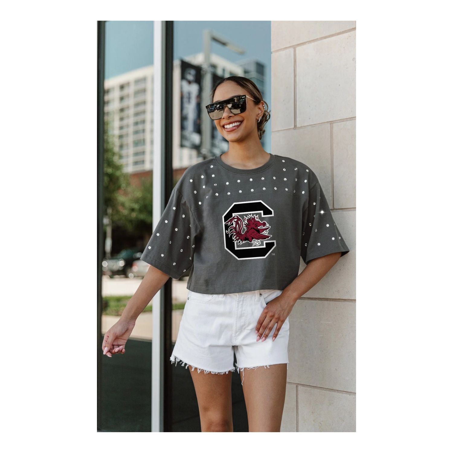 SOUTH CAROLINA GAMECOCKS GRAY RHINESTONE CROP WITH BLOCK C