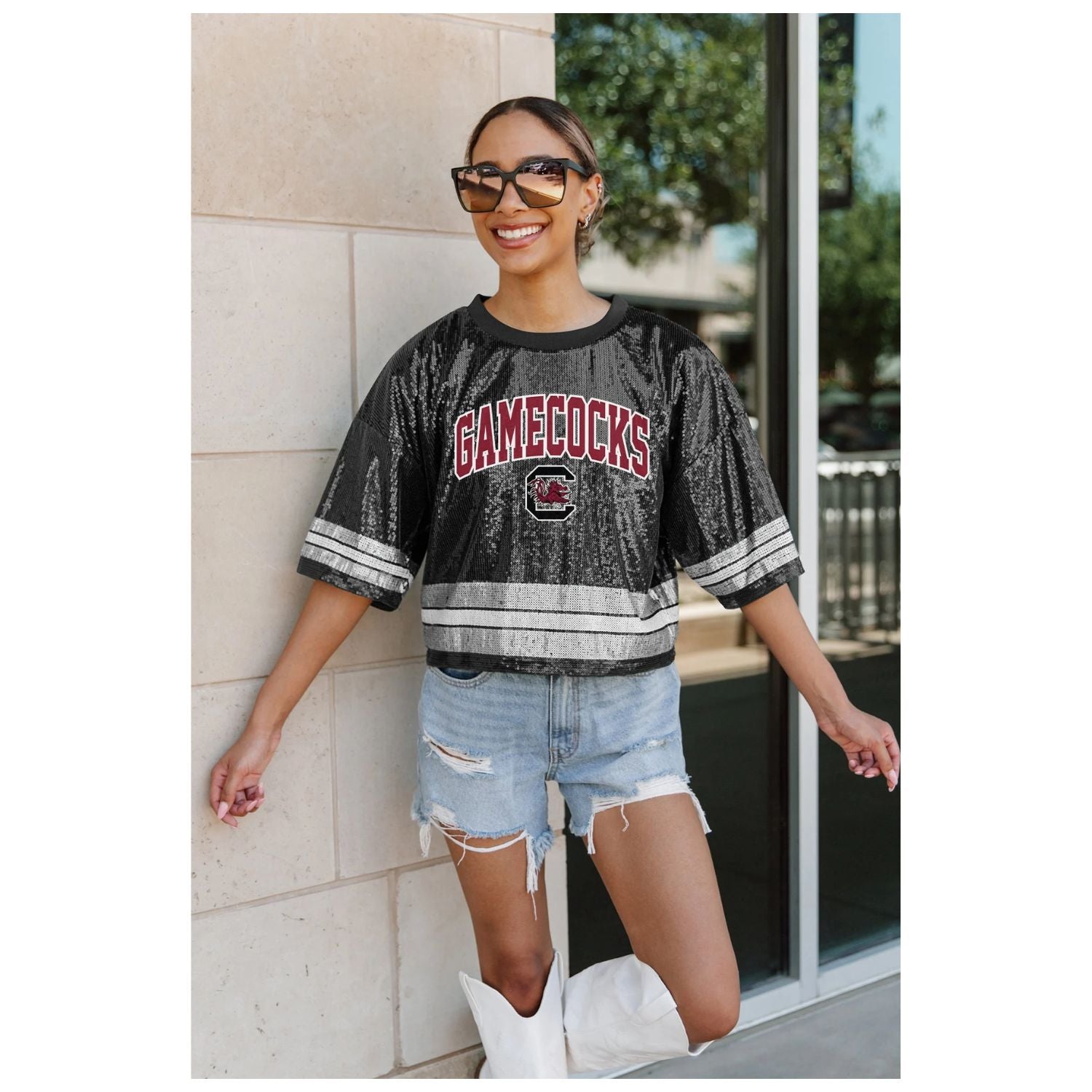 SOUTH CAROLINA GAMECOCKS BLACK SEQUIN STRIPED CROP TEE