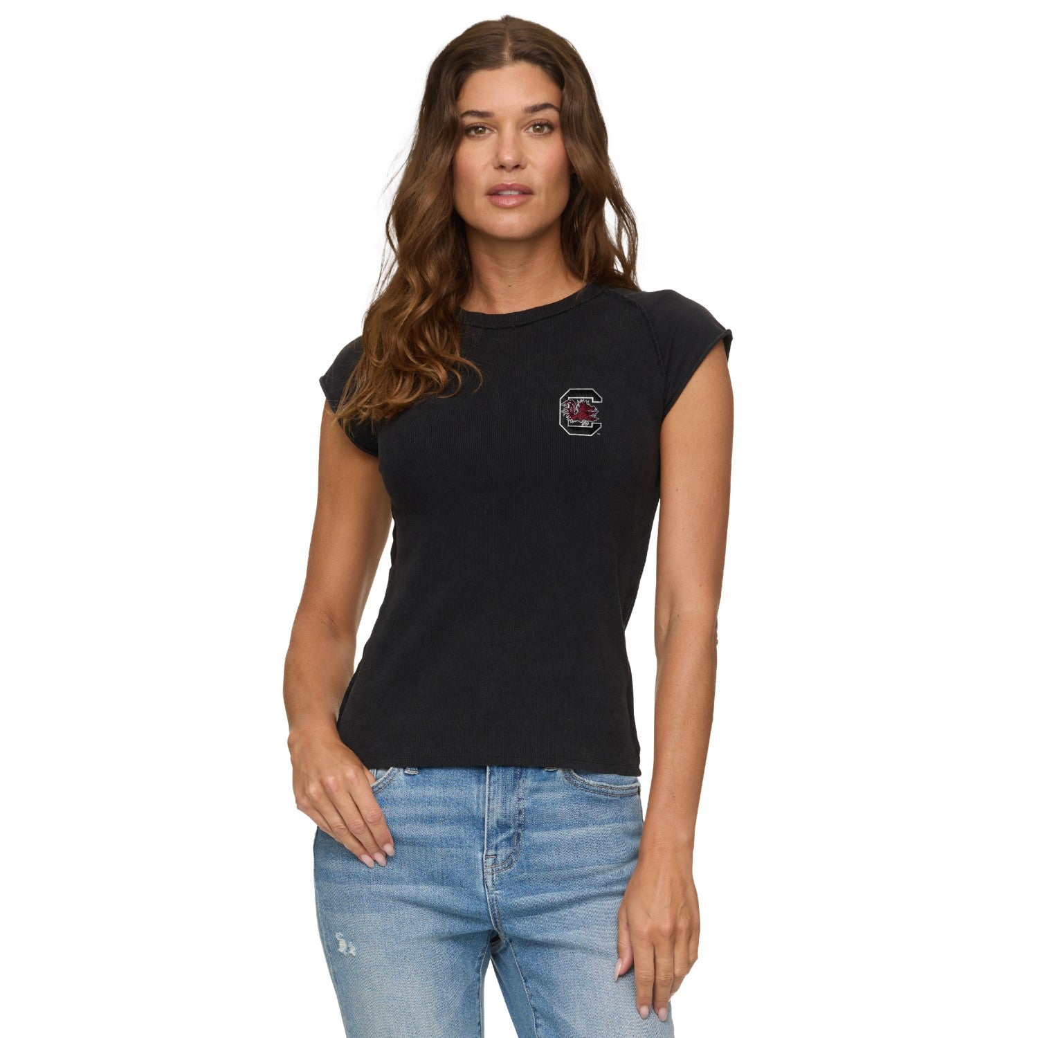 SOUTH CAROLINA GAMECOCKS BLACK BLOCK C PEYTON CAP SLEEVE LADIES TEE