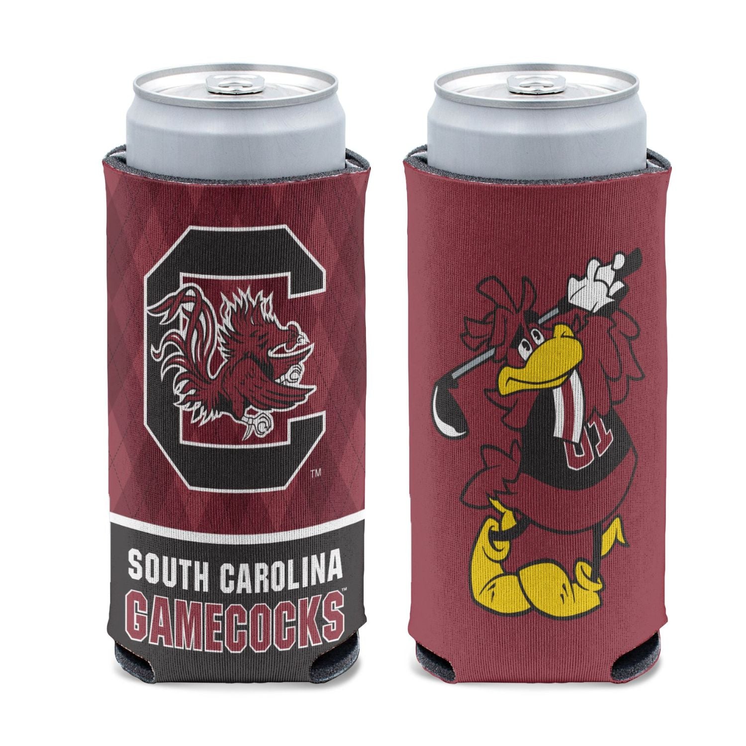 SOUTH CAROLINA GAMECOCKS GARNET GOLFING COCKY SLIM CAN KOOZIE