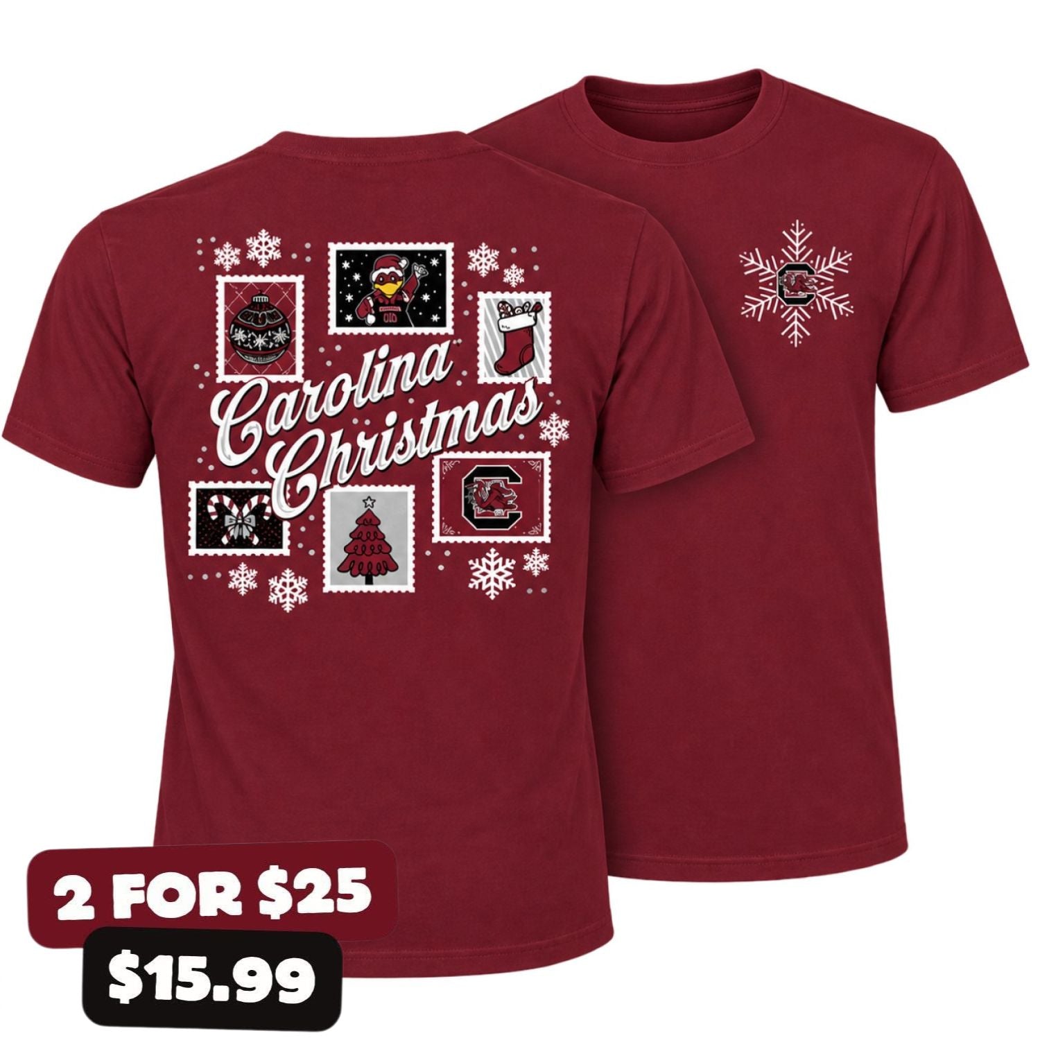 SOUTH CAROLINA GAMECOCKS GARNET CHRISTMAS STAMP TEE
