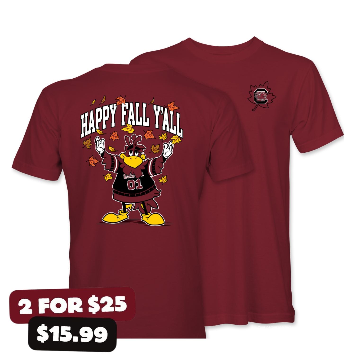SOUTH CAROLINA GAMECOCKS GARNET COCKY "HAPPY FALL Y'ALL" TEE