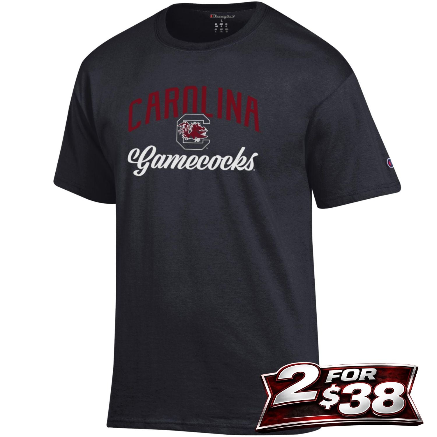 SOUTH CAROLINA GAMECOCKS BLACK ARCH CAROLINA BLOCK C CURSIVE GAMECOCKS TEE