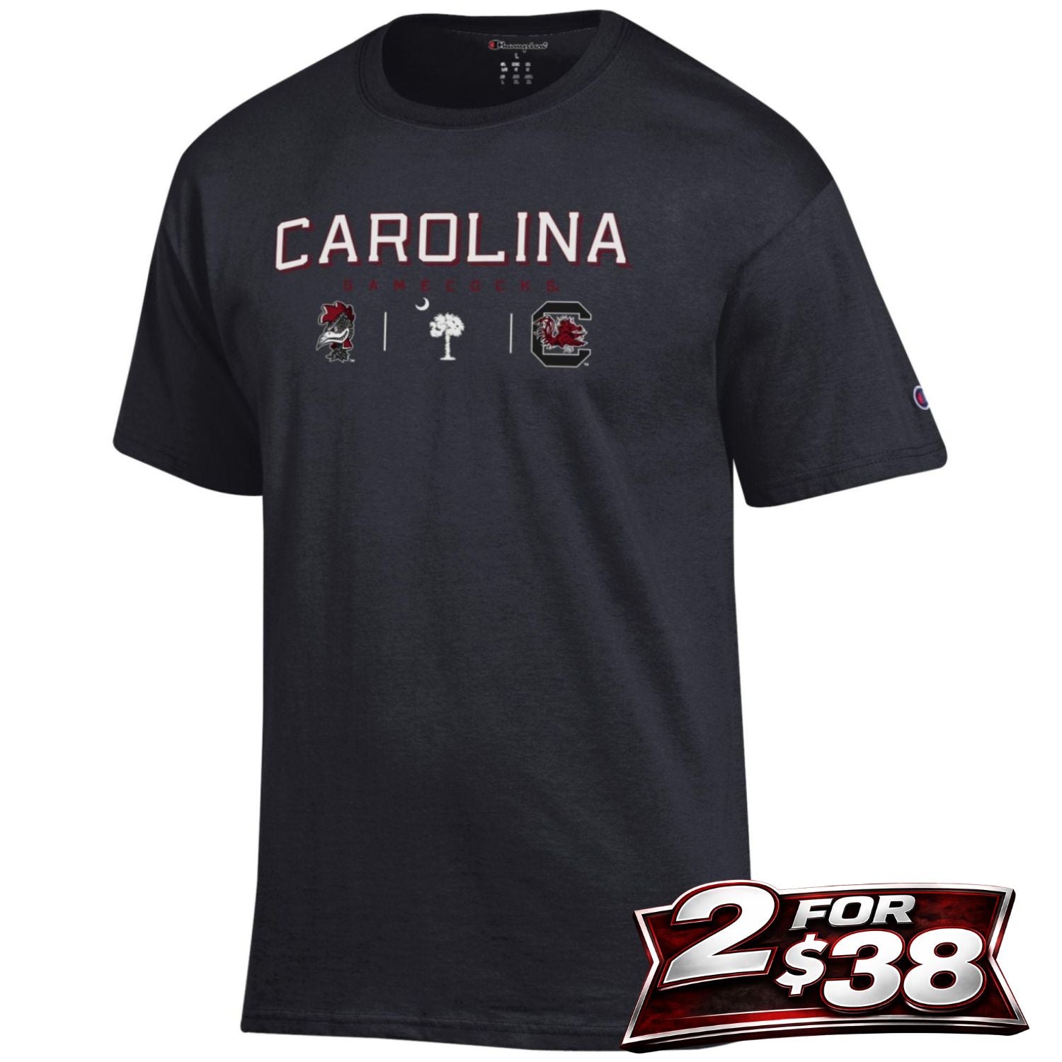 SOUTH CAROLINA GAMECOCKS BLACK CAROLINA THREE LOGO TEE