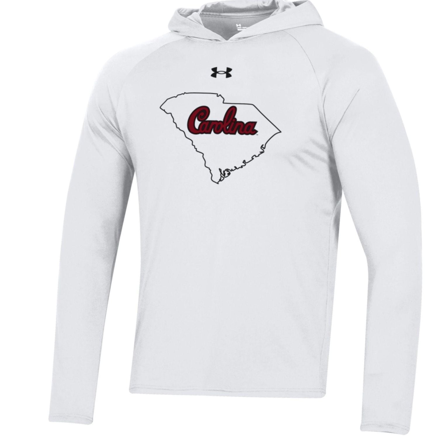 SOUTH CAROLINA GAMECOCKS UA WHITE SCIPT IN STATE LONGSLEEVE HOODED TEE