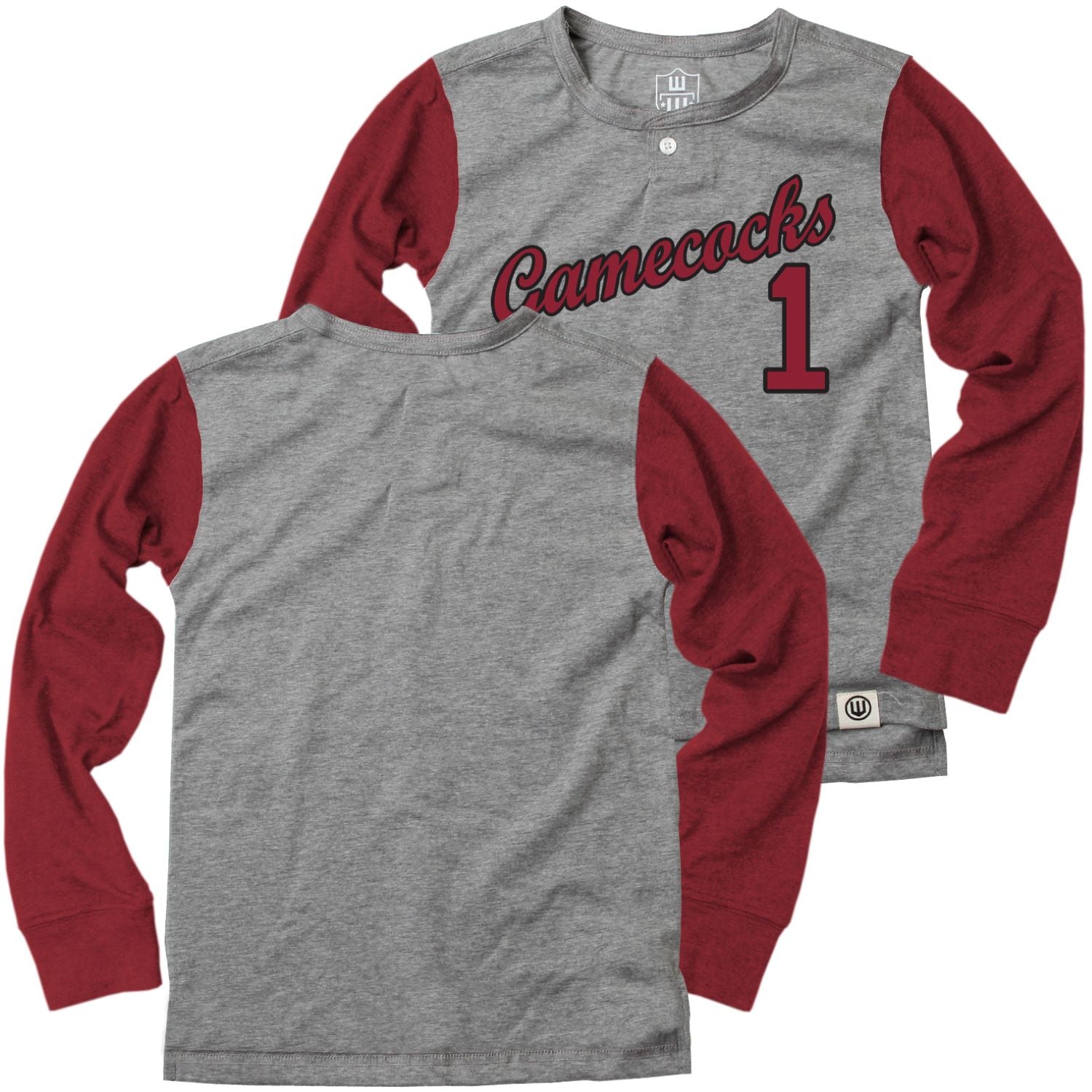GRAY CURSIVE GAMECOCKS YOUTH LONG SLEEVE BASEBALL HENLEY