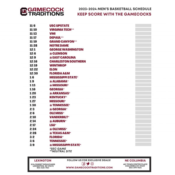 Printable 20232024 South Carolina Men's Basketball Schedule Gamecock