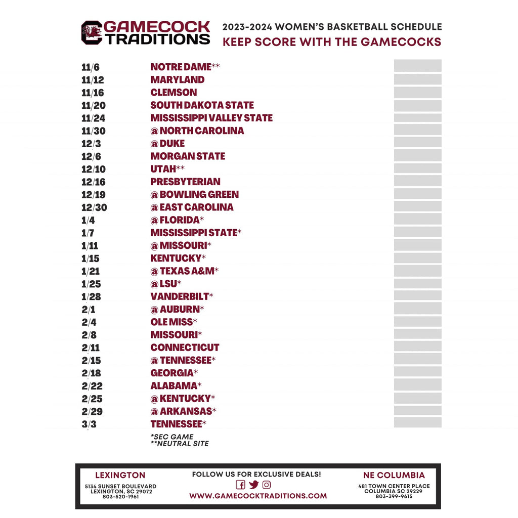 Printable 2023-2024 South Carolina Women's Basketball Schedule - Gamecock Traditions printable-2023-2024-south-carolina-women-s-basketball-schedule-gamecock-traditions